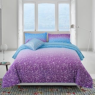 A Nice Night Girls Comforter Set Twin Size 6 Piece Bed in A Bag 3D Colorful Sparkle Galaxy Rainbow Bedding Comforter Sheet Sets for Kids,BluePurple