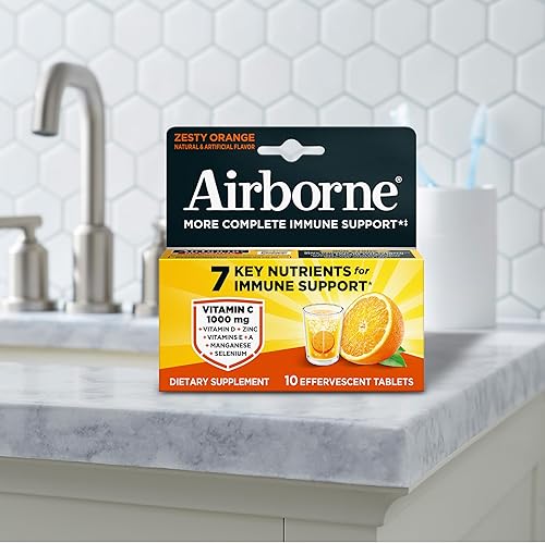 Miniatura 8 de Airborne 1000 mg de vitamina C con vitamina D y zinc, suplemento multivitamínico sin azúcar, antioxidantes, vitaminas A, C y vitamina E, 10 tabletas