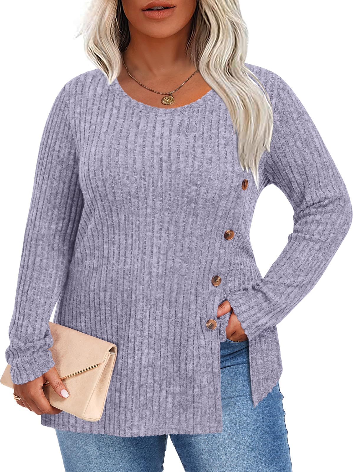 HOTGIFT Women Plus Size Top Knit Long Sleeve Sweater Button Tunic XL-5XL