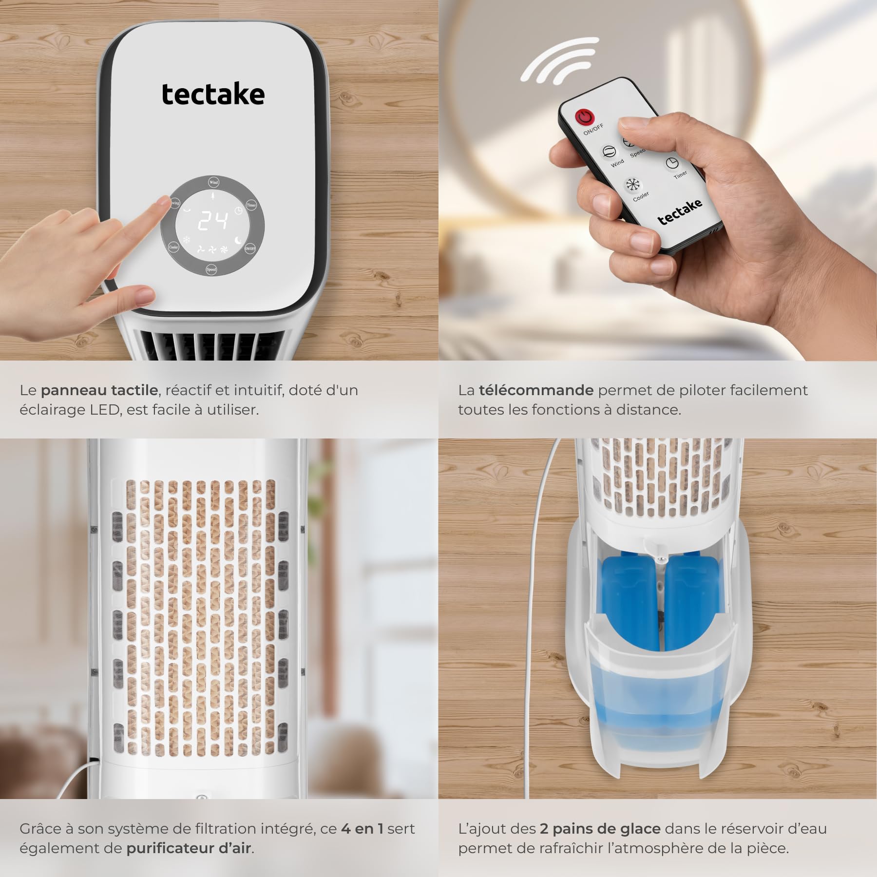 tectake® Rafraichisseur d'air 4-en-1, Refroidisseur Portable, Ventilateur, Humidificateur, Purificateur d'air HEPA, Réservoir 5 L, 3 Modes, 3 vitesses, Oscillation, Minuterie 12H, Silencieux, Blanc