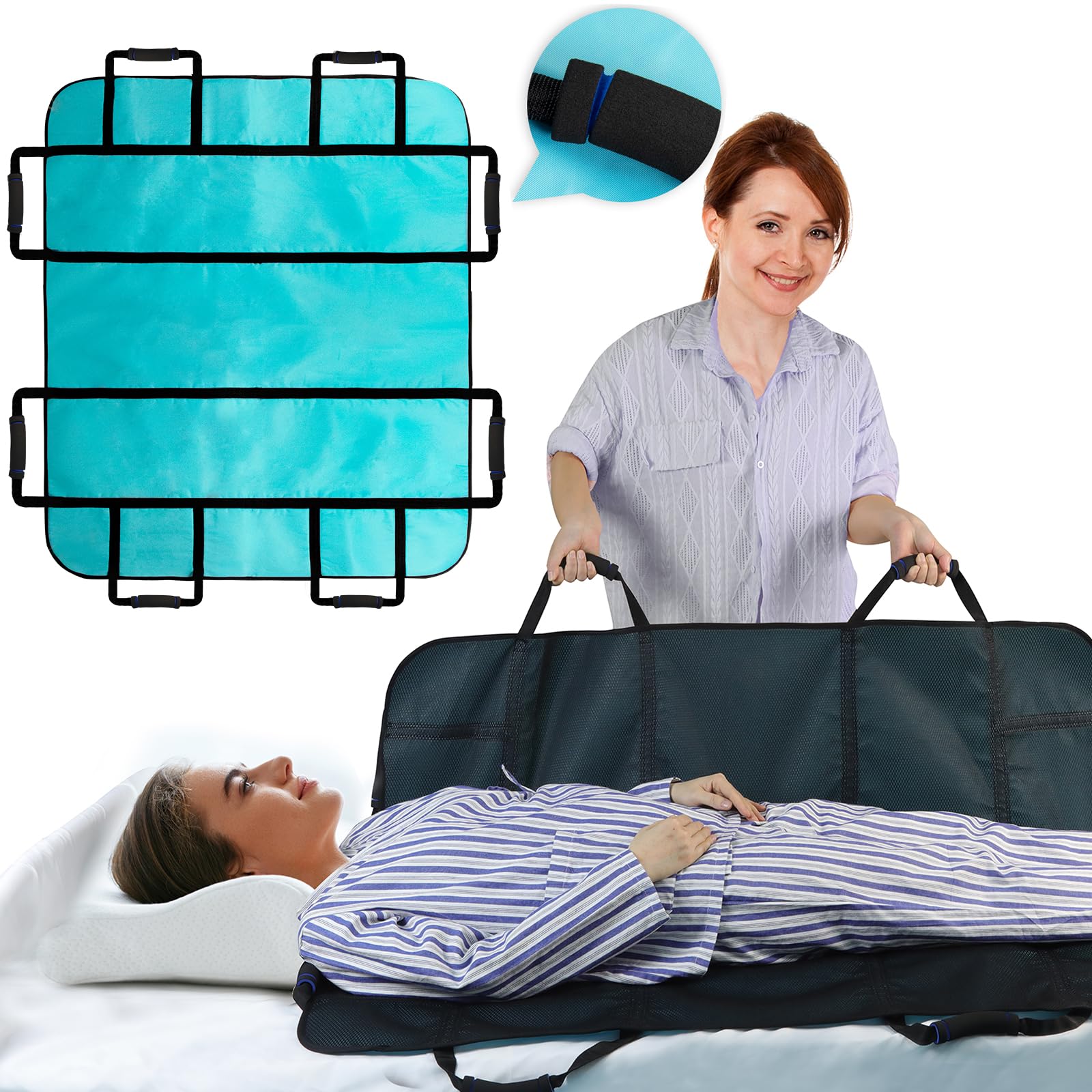 Almohadillas de cama de posicionamiento para personas mayores, 8 asas suaves, 48 x 40 hojas de transferencia para girar, levantar y reposicionar, almohadillas de mudanza lavables para personas