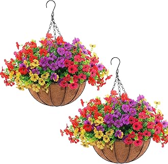 Hananona 2 Set Artificial Outdoor Flowers with Hanging Basket, 2 Hanging Planters with 24 Pcs Flowers for Spring Summer Front Porch Garden Patio Home Decor (2, Red, Purple, Yellow, Rose Red)