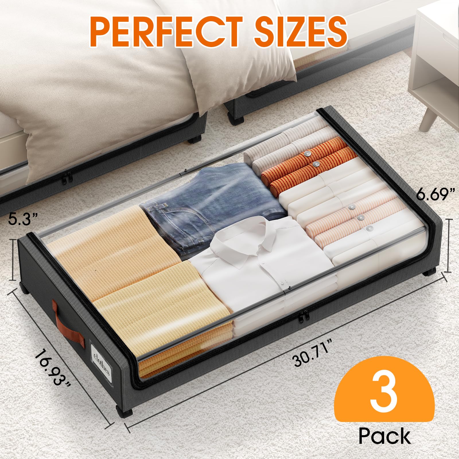 Contenitore sotto il letto con ruote, confezione da 3 contenitori con finestra trasparente