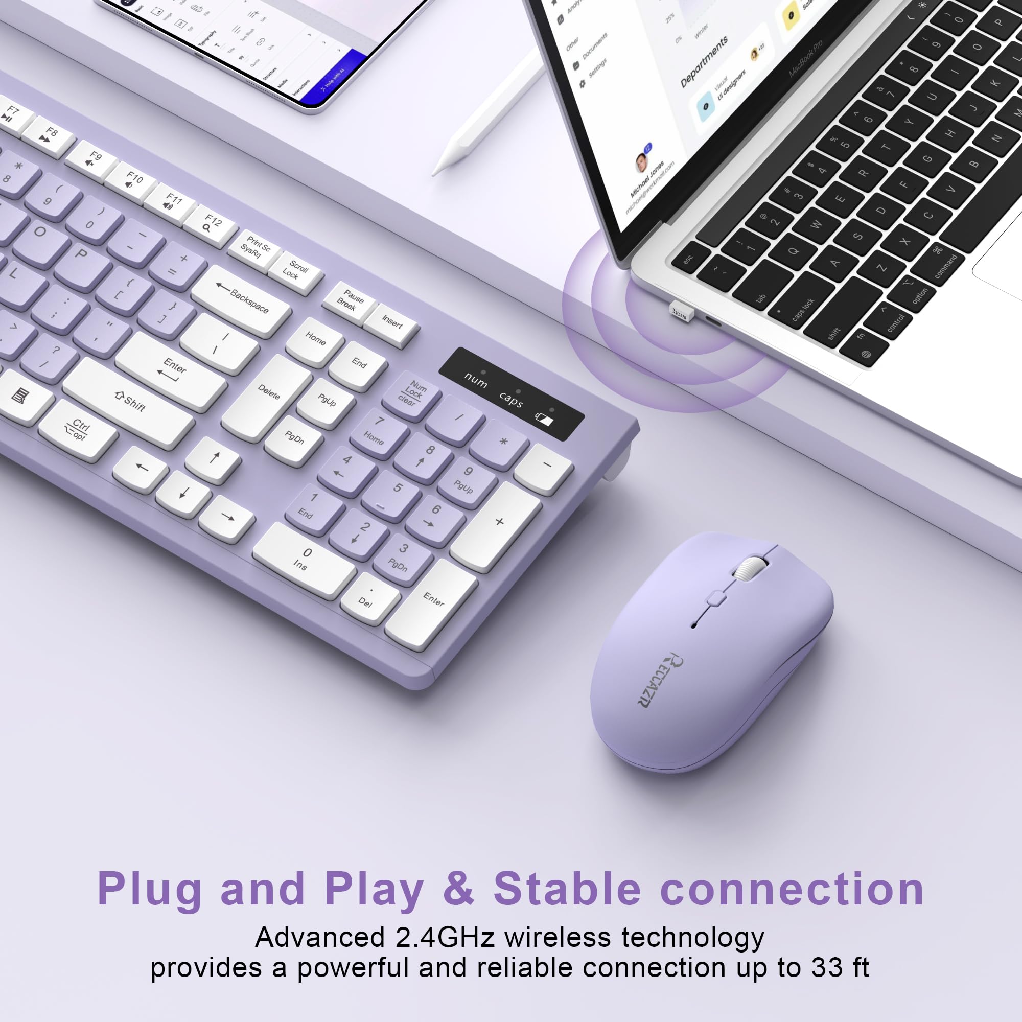 Wireless Keyboard and Mouse Combo, Full-Sized Wireless Keyboard and Adjustable DPI Mouse, 2.4GHz USB Receiver, Silent Keyboard and Mouse for PC, Windows, MAC, Desktop, Laptop(Purple)
