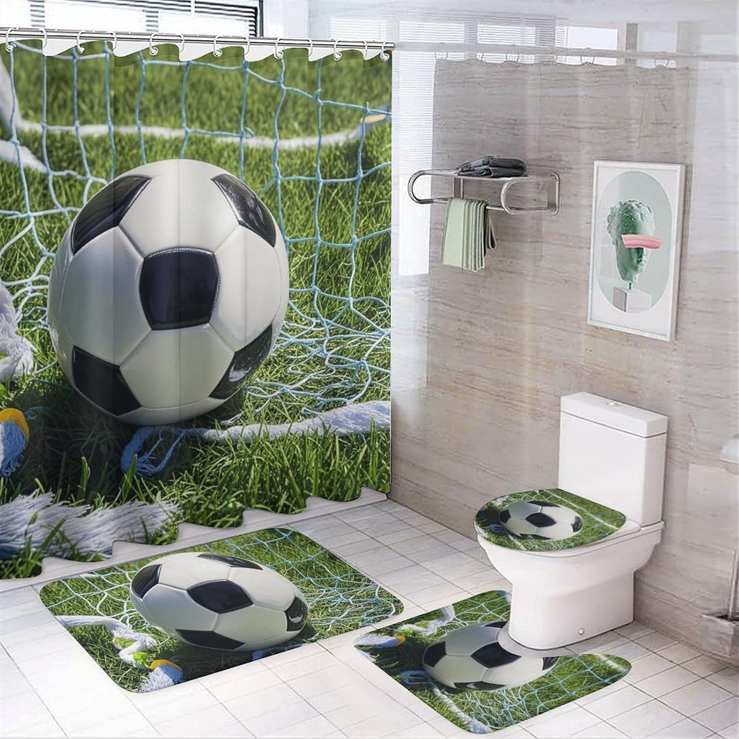 Cool Soccer Ball Shower Curtain Set 4 Piece, Non-Slip Bath Mat with Toilet Lid Cover and Waterproof Shower Curtain with 12 Hooks, Complete Bathroom Set for Home Decor