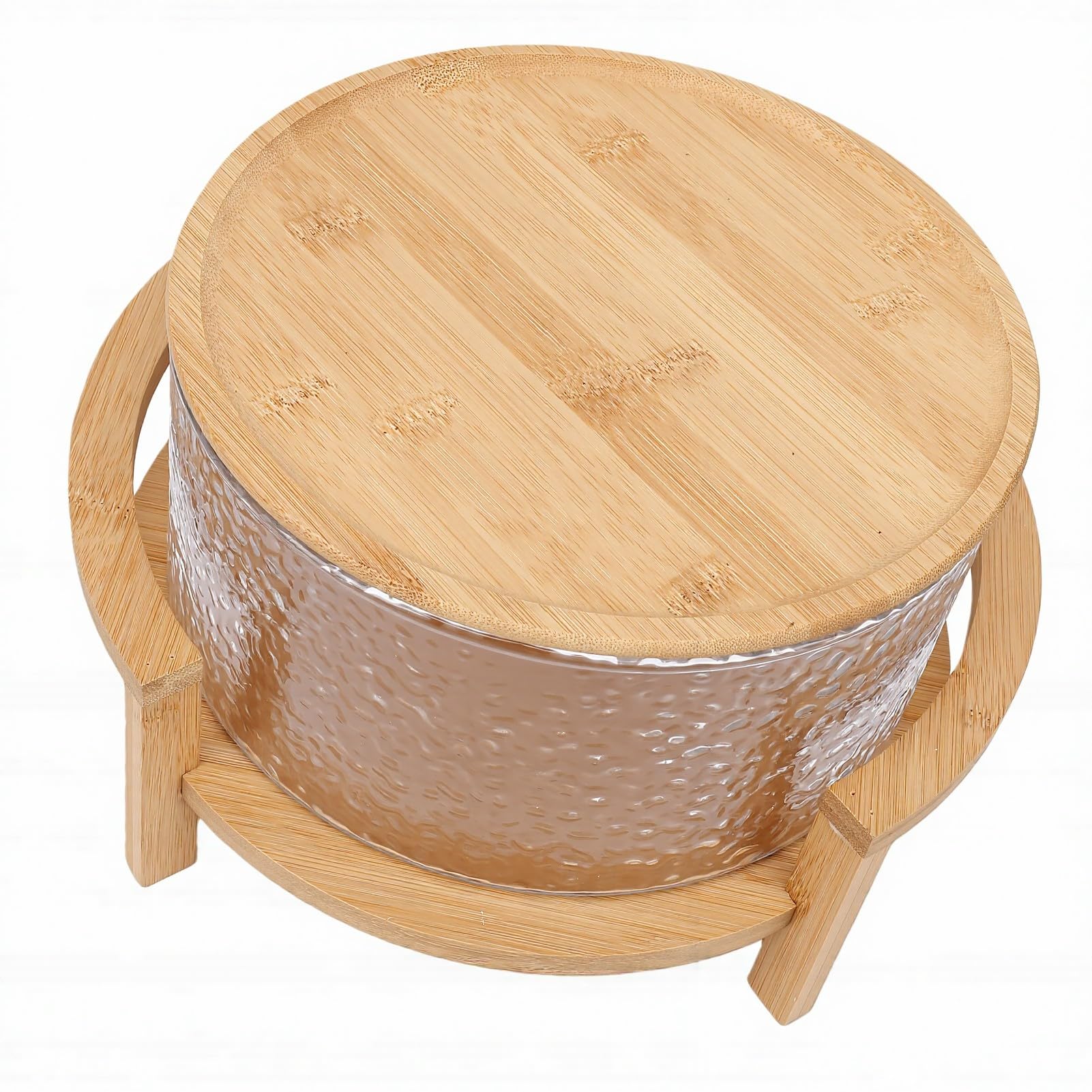 Bewinner Cuenco de Vidrio con Base de Madera, Juego de Ensaladera de Gran Capacidad, 4,3 L con Tapa para Servir Frutas, Postres, Fiestas y Cenas