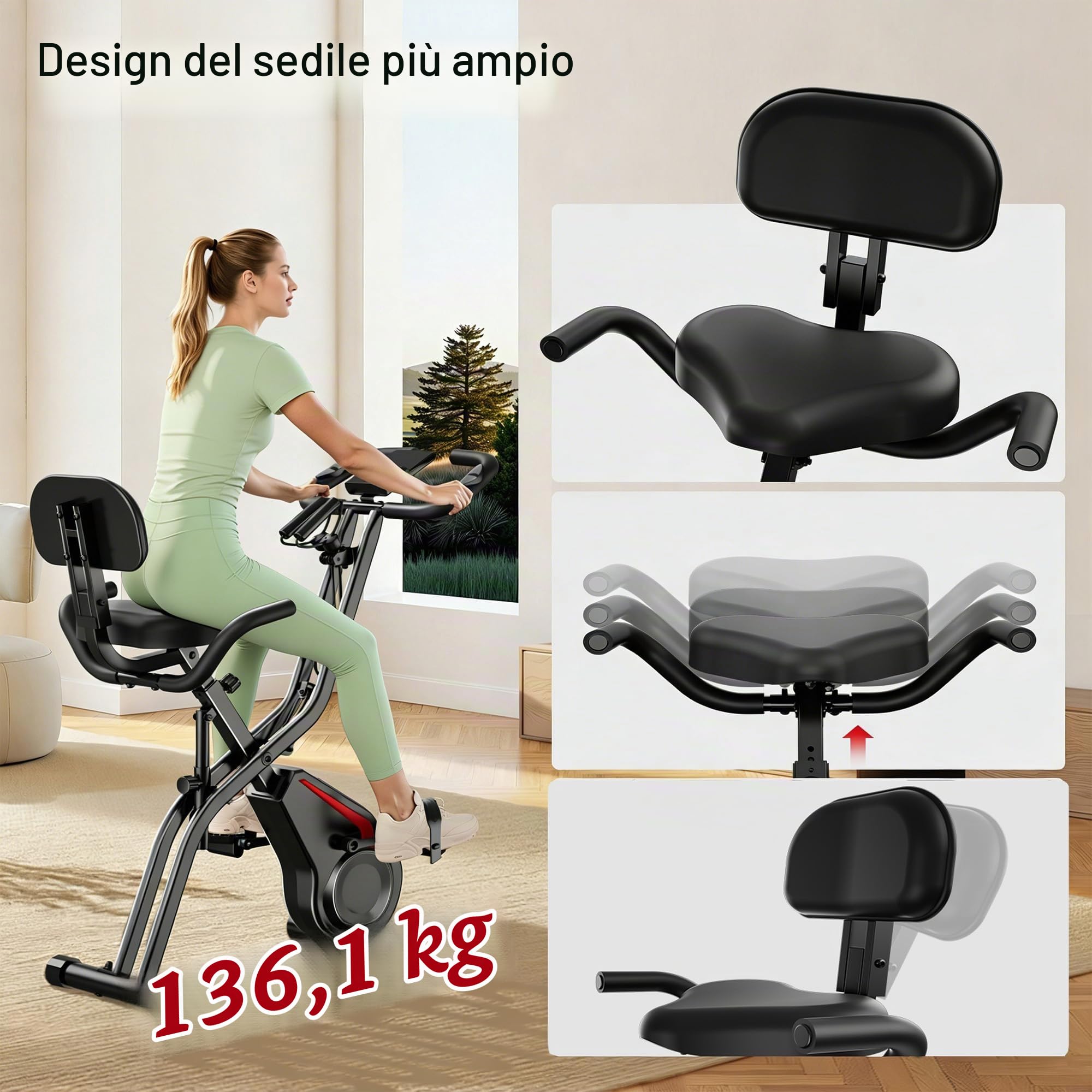 Cyclette per Casa Pieghevole 5 in 1 con Schienale, Cyclette Magnetica con Display LCD e Bande Elastiche, Spin Bike Silenziosa fino 136 kg