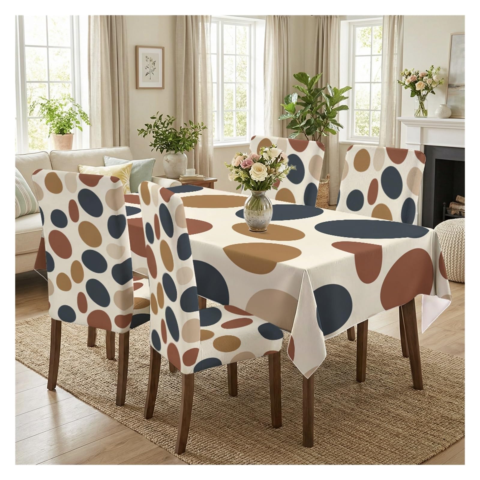 BOSUYBN Boho Neutral Earth Tone Oval Geometric Dining Tablecloth & Chair Covers Set, 5/7 Piece Mid Century Modern Minimal Dining Room Home Decor Table Setting(5pcs Set: Tablecloth+Chair Covers)