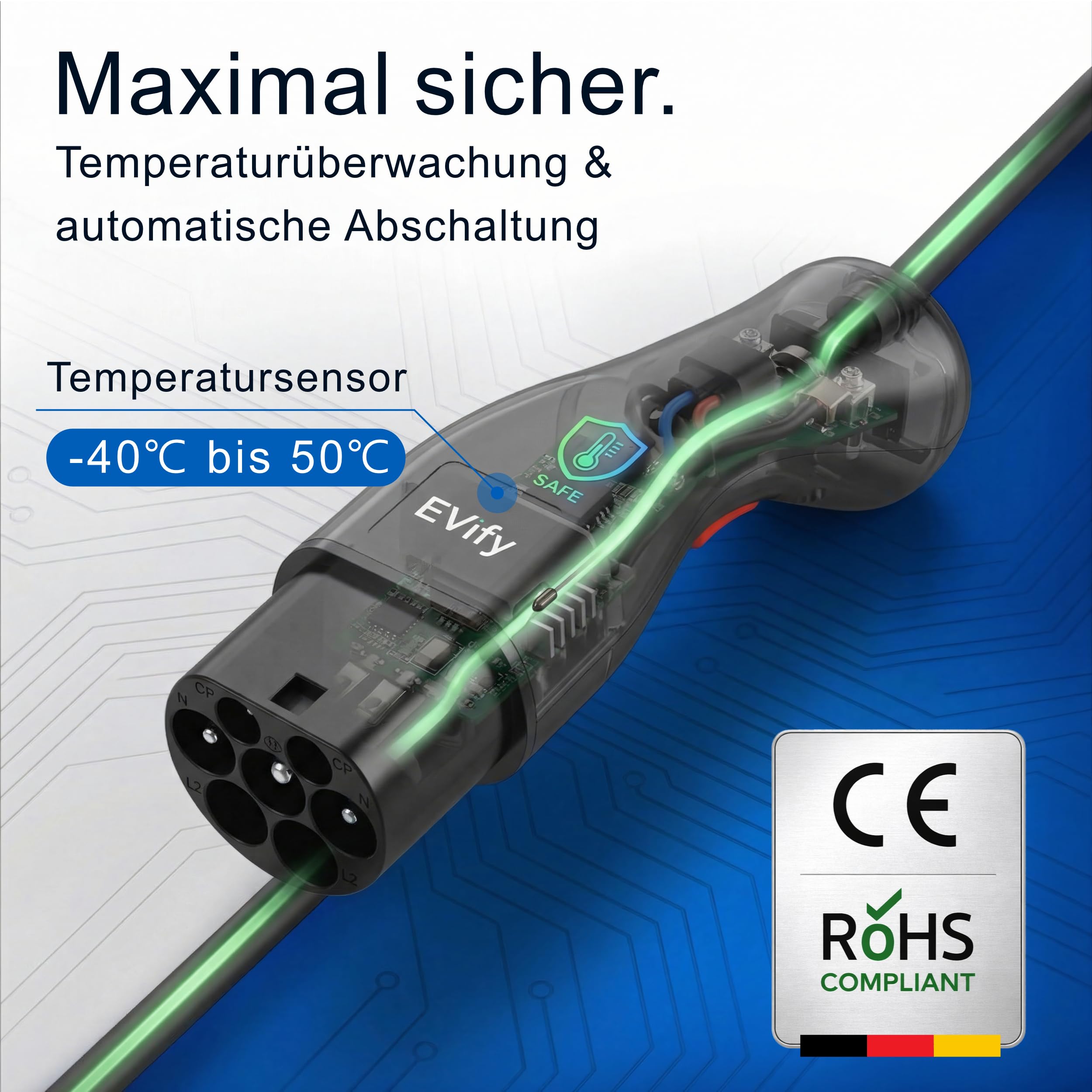 Typ 2 auf Schuko Adapter mit Entriegelung für Ladesäule 16A 3,7kW - Kein Steckenbleiben dank Start- und Stopp-Schalter für E-Bike, E-Scooter, Motorrad