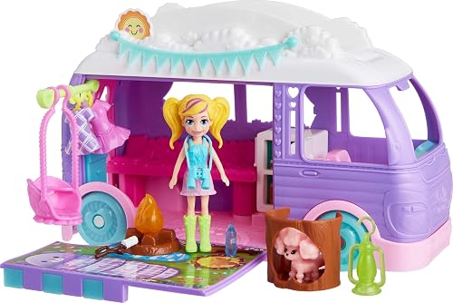 Polly Pocket Doll & Pet Playset, Travel Toy with Camping & Food Accessories, Glamping Camper Van, JCC32