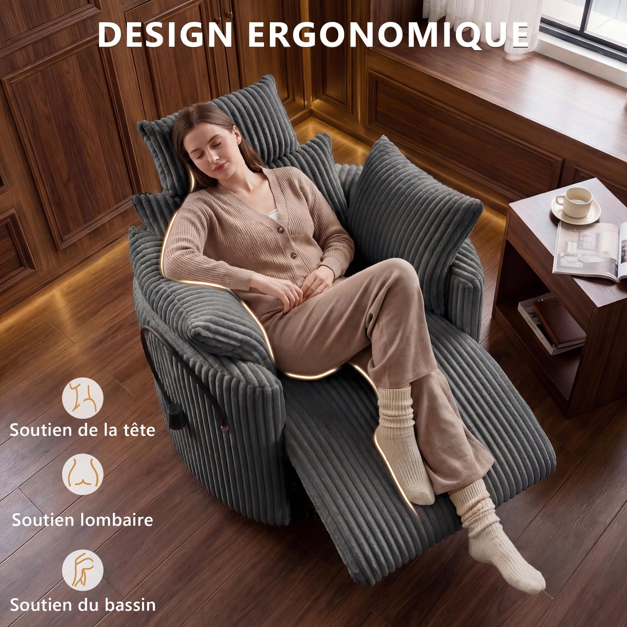 DEKKETO Fauteuil Relax Pivotant 360°, Inclinable & Basculant, Gris | Manuel, Velours Côtelé, Zéro Gravité, Support Téléphone, Dossier Réglable, Appuie-tête, pour Salon, Chambre Bébé, Home Cinéma