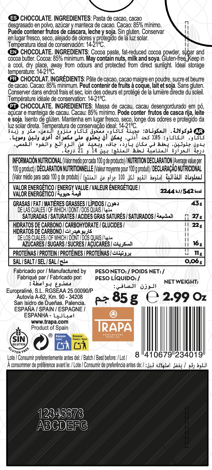 TRAPA COLLECTION | Chocolate Negro 85% Cacao | Tableta 85 g | Sin Gluten