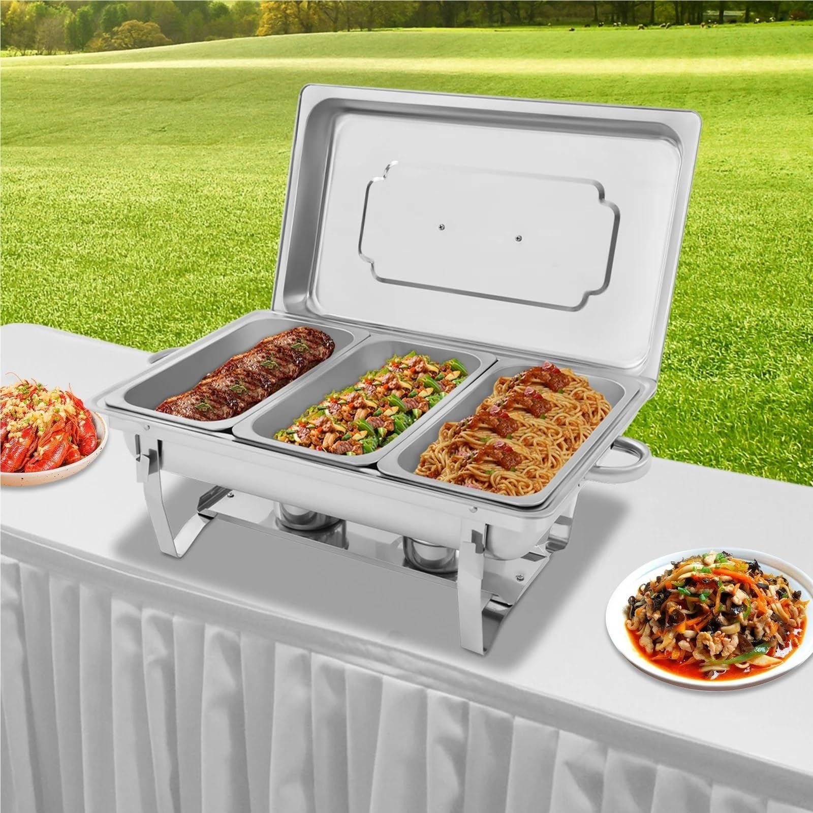 Set di Riscaldavivande per Buffet Set da buffet con scaldavivande in acciaio inox 410 a 3 scomparti riscaldamento/raffreddamento a combustibile solido regolabile, ideale for matrimoni/feste