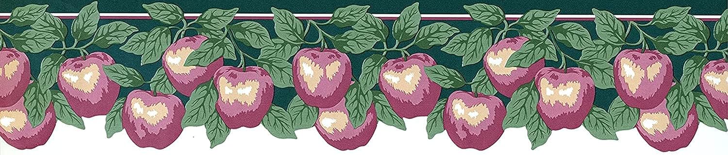 CONCORD WALLCOVERINGS ™ Decorative Wallpaper Border Fruit Pattern Cherry Apples, One Side Laser Cut for Kitchen Dining Area, Green White Pink, 5 Inch by 15 Feet 147908