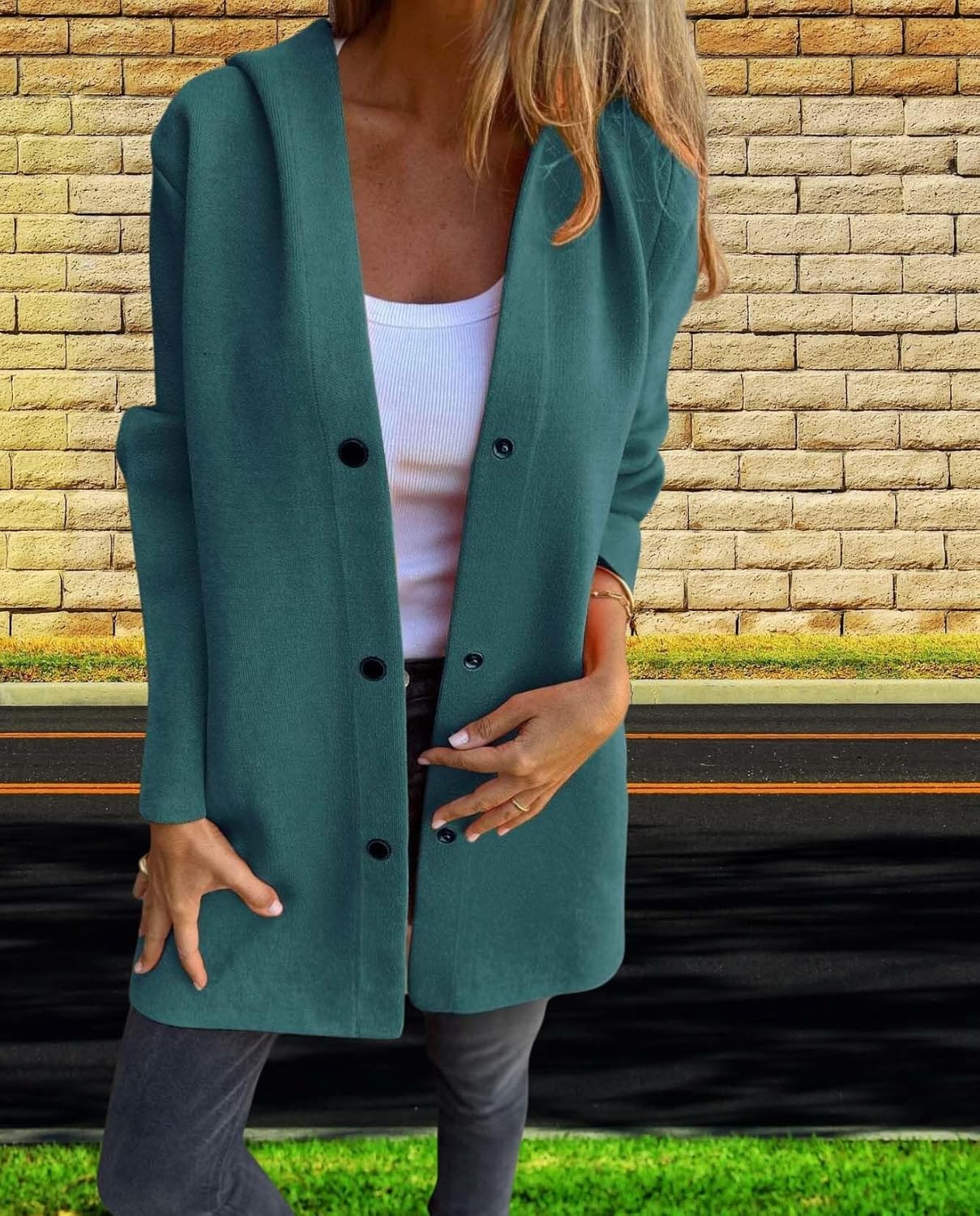 Autumn And Winter Womens Solid Color Casual Single Breasted Hooded Jacket Feel Comf... - Image 3