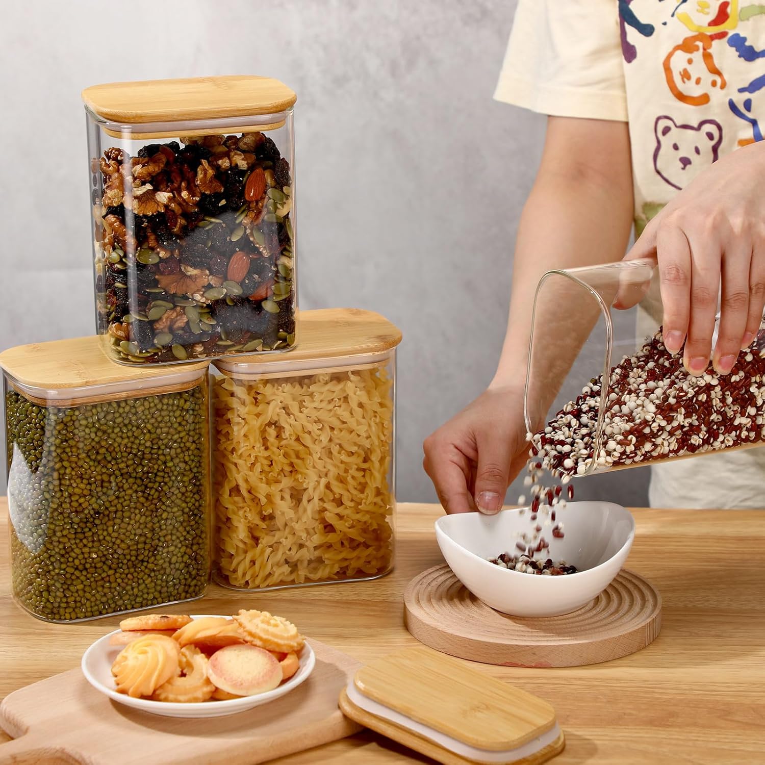 Suclain 6 Pcs 37 oz Rectangle Glass Jars with Bamboo Lids Airtight Food Storage Containers Coffee Containers for Countertop Pantry Storage Kitchen Jars for Sugar Spice Cookie Rice Flour Pasta Candy