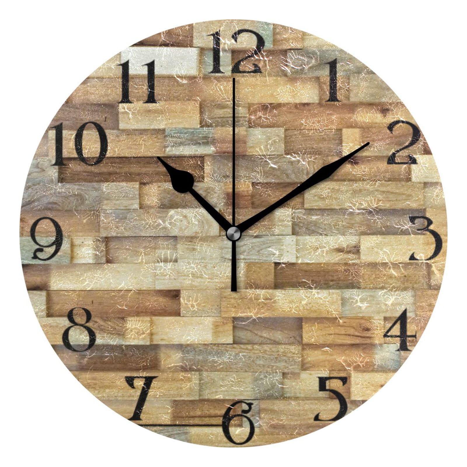 Mnsruu Brown Wooden Wall Clock Silent Non-Ticking Round Wall Clock 25cm Easy to Read Decorative Clocks for Living Room Dinning Kitchen Home Battery Operated