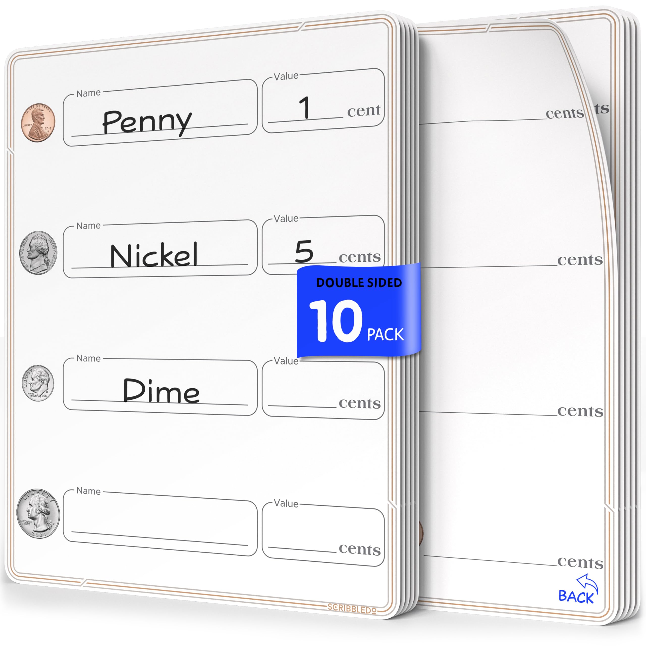 SCRIBBLEDO Coin Practice 9”x12” Small White Board Dry Erase Sheets Math Manipulatives 2nd Grade Money Learning Homeschool Supplies Teacher Students