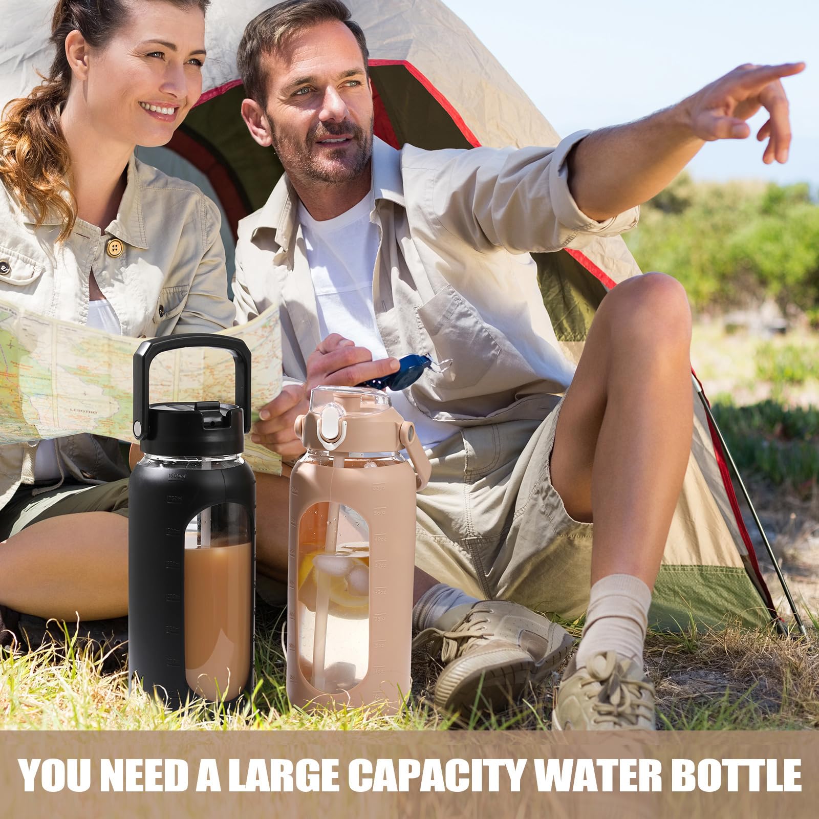 BLUEGO 2000ml Bottiglie d'acqua in vetro con 2 coperchi Bottiglia d'acqua con cannuccia 2L Bottiglia d'acqua grande con indicatori di capacità per sport A prova di perdite, Ambra