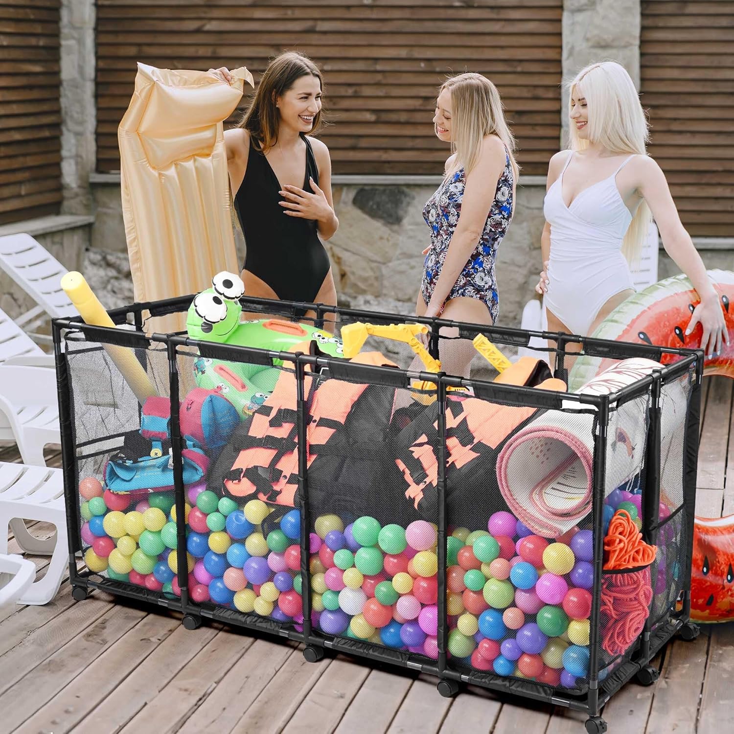 Yescom XXX-Large 280 Gallon Pool Float Storage Bin Basket for Toy Raft Noodles Outdoor 65"x30"x33" Metal Frame 12 Wheels Mesh Net Rolling Organizer Cart Sturdy Black