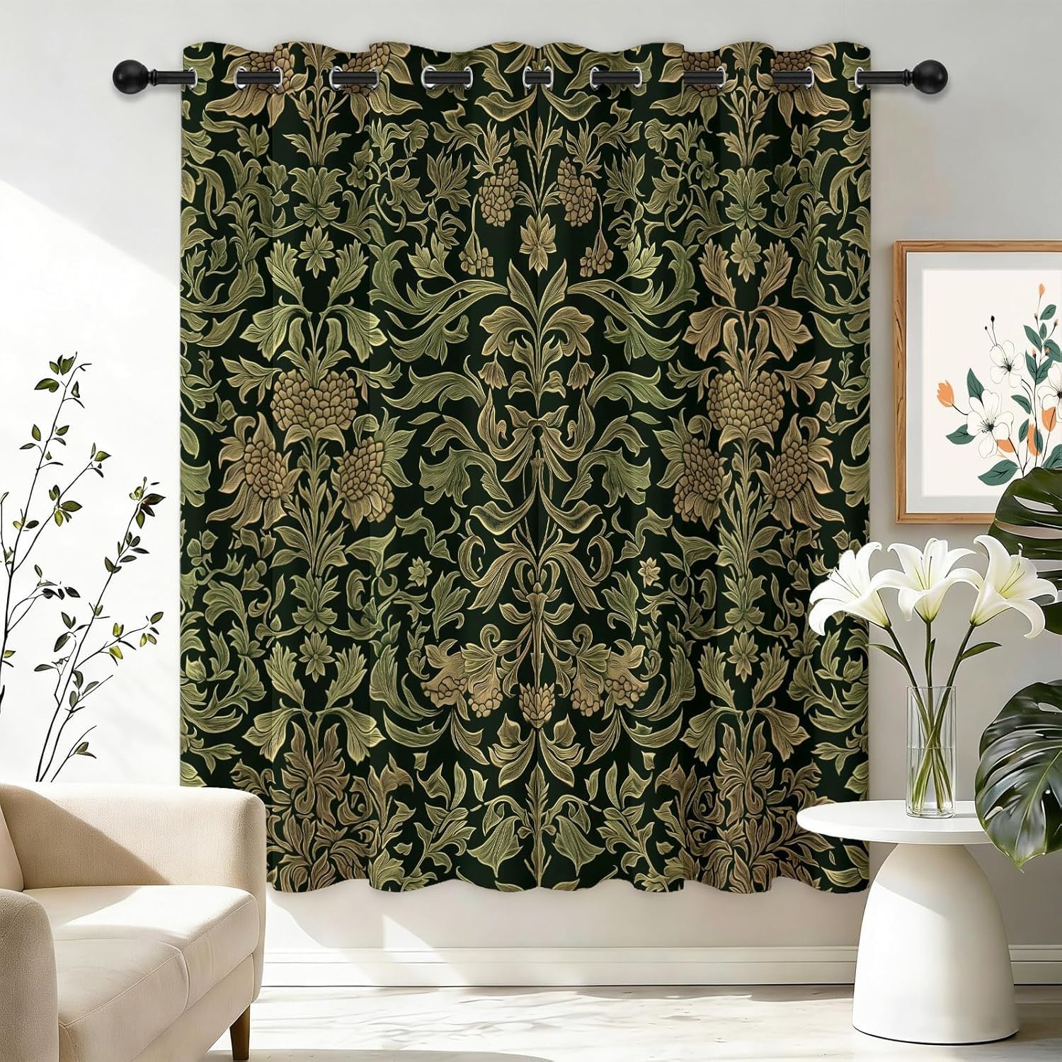 Blackout Curtain Traditional William Morris Plant Green Brown 46 x 54 Inch (2 Panels), Thermal Insulated Eyelet Curtains for Kids Adults, Printed Curtains for Bedroom Living Room Kitchen Office