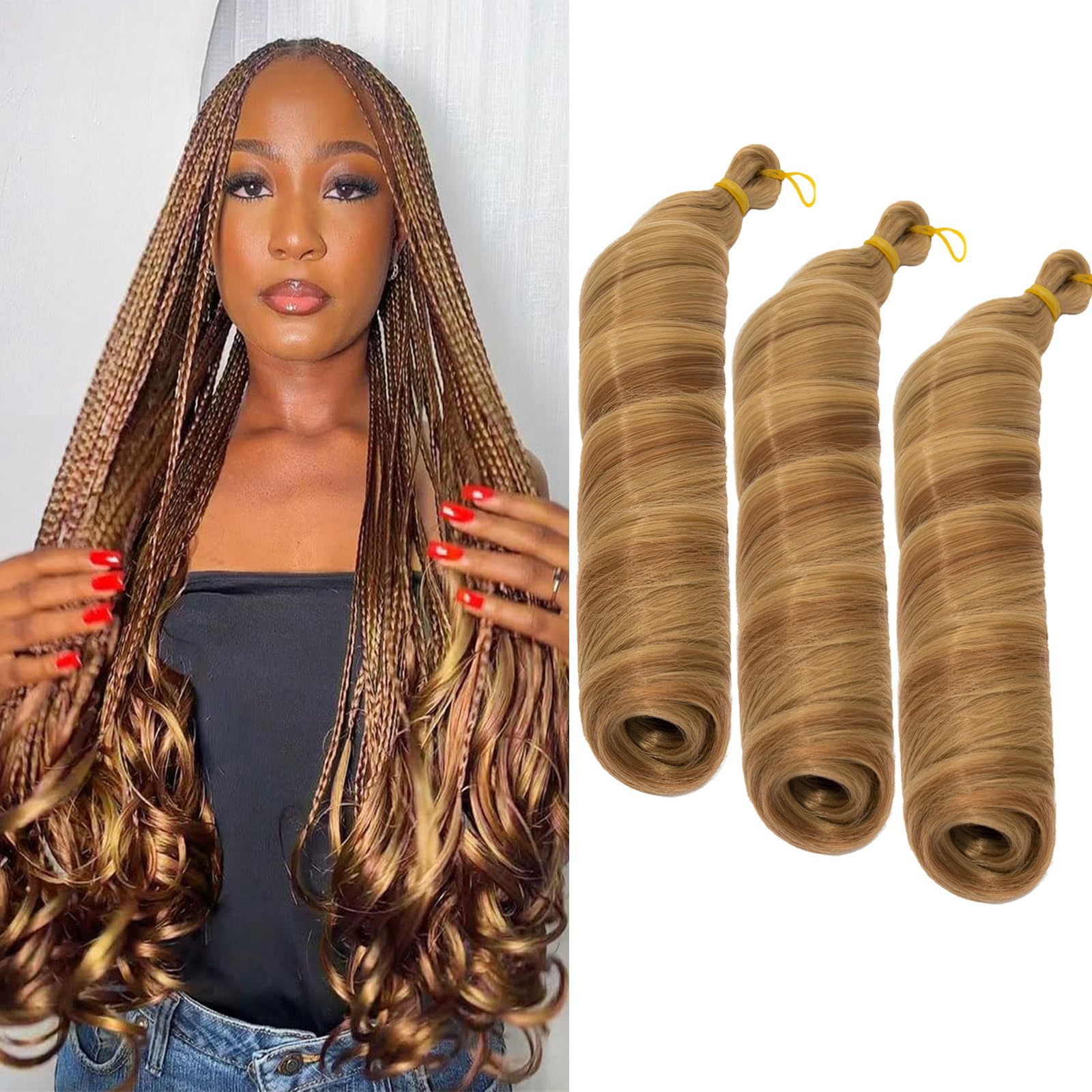 S-noilite French Curl Braiding Hair 60cm Loose Wavy Spiral Curly Crochet Hair Deep Wave Extensiones Sinteticas para Trenzar Pelo Pre Estirado,3 paquete 360g,Rubio Miel mezcla Castaño Claro