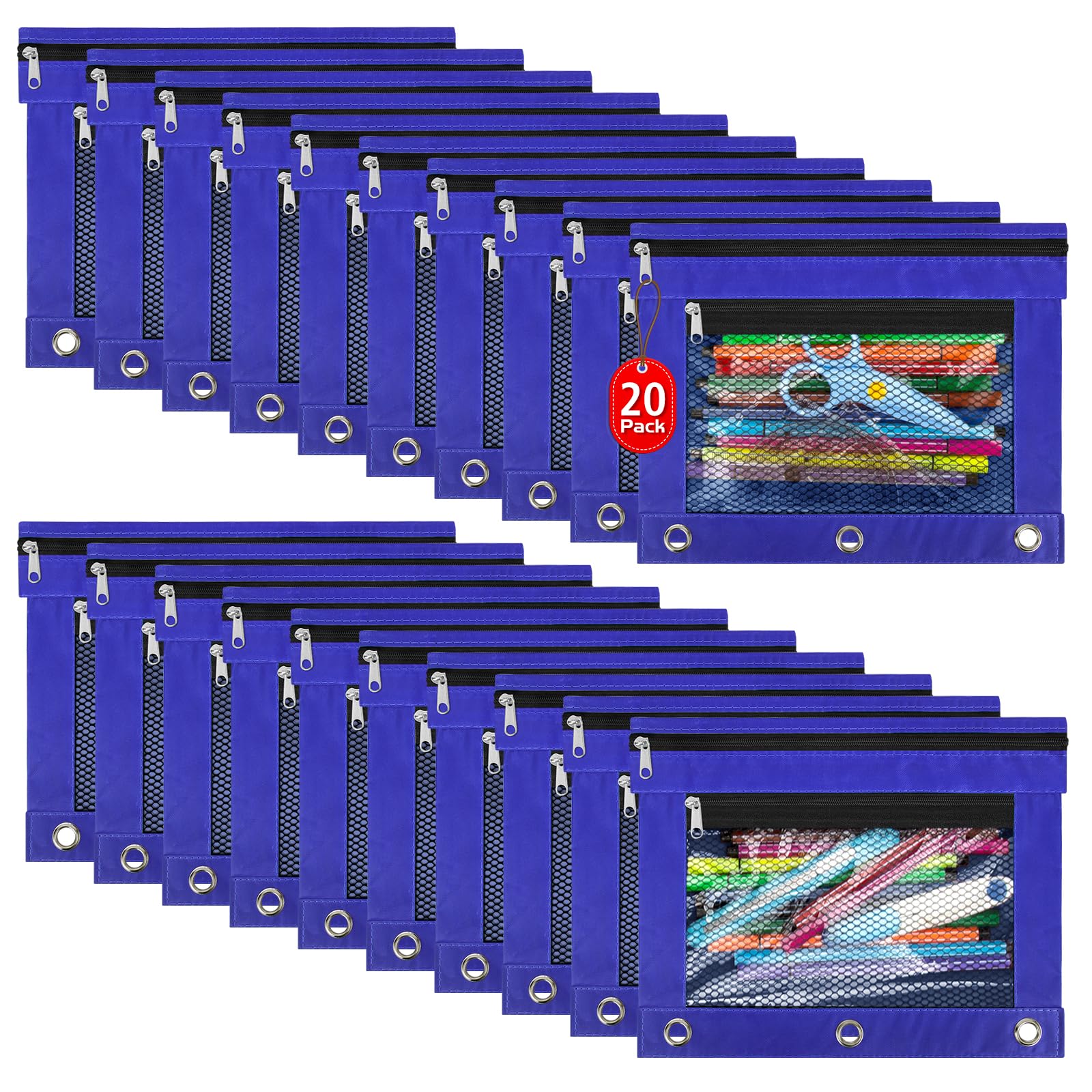 IKAYAS 20 Pack Navy Blue Pencil Pouch for 3 Ring Binder bulk with Zipper for Classroom bulk Pencil Box Pencil Case for Storing School Students Teacher Supplies