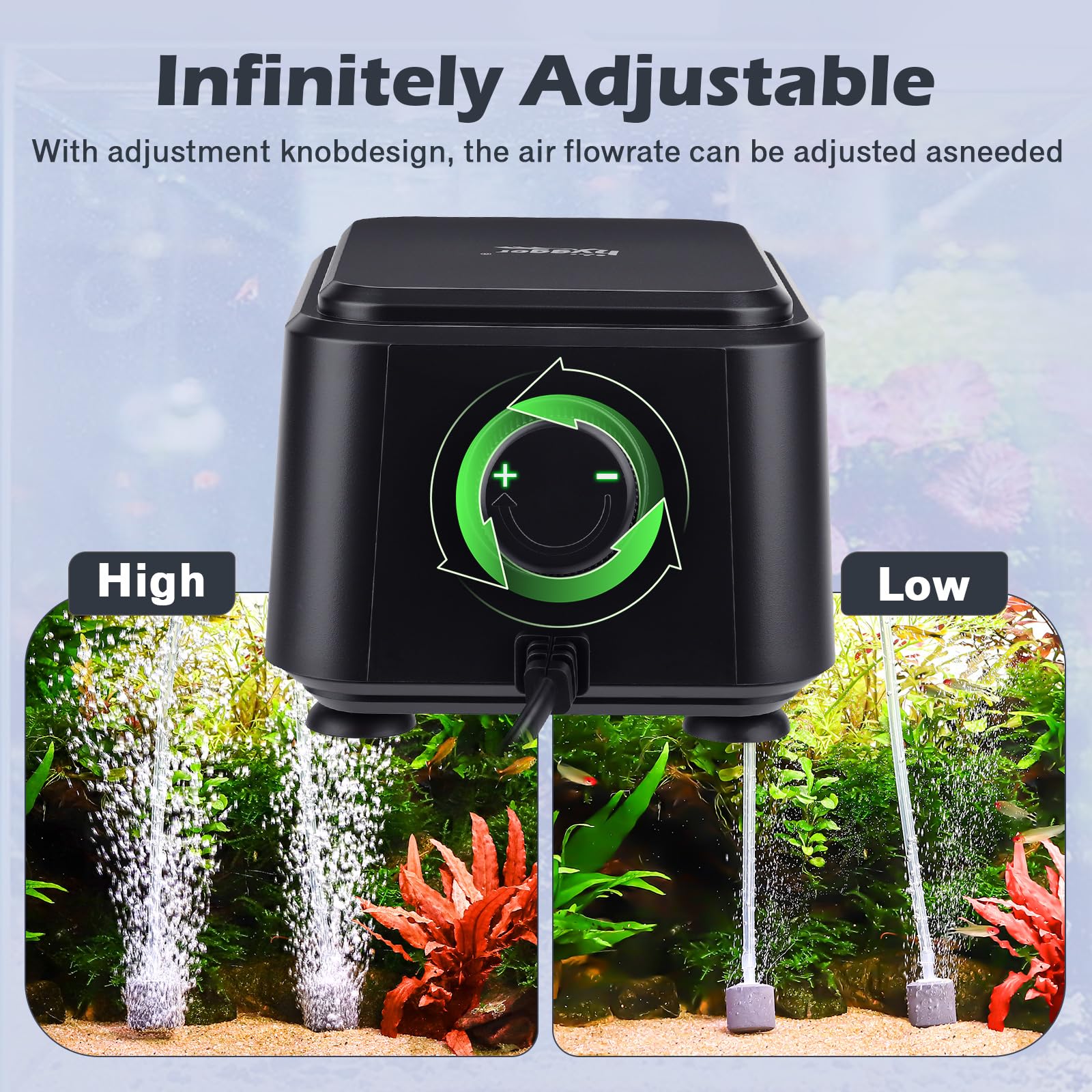 hygger Bomba de aire silenciosa para acuarios <30 dB, de oxígeno de bajo ruido ajustable para acuarios con 2 salidas de aire de ventilación silenciosa (3.5 Vatios, hasta 454 L)
