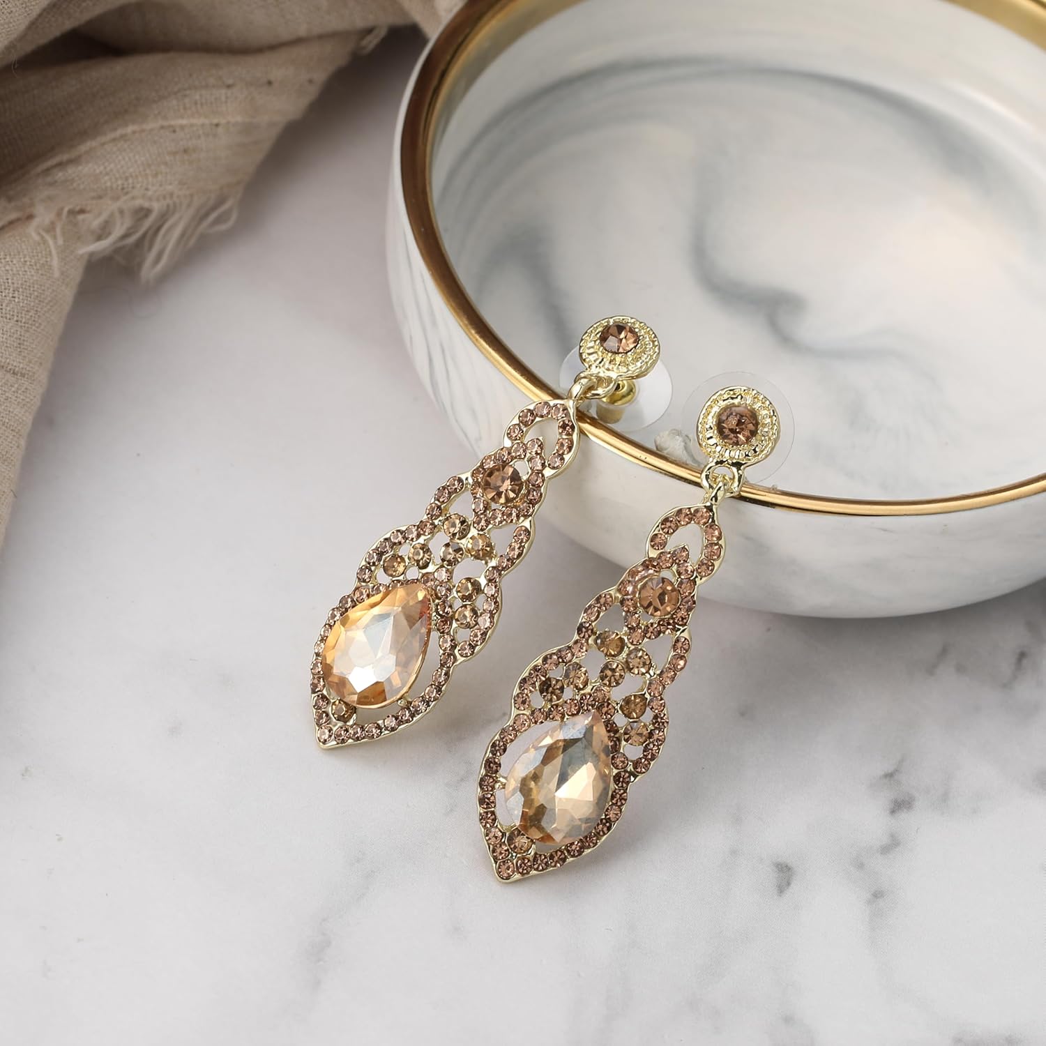 BriLove Women's Wedding Bridal Crystal Art Deco Teardrop Hollow Chandelier Dangle Earrings - Image 4