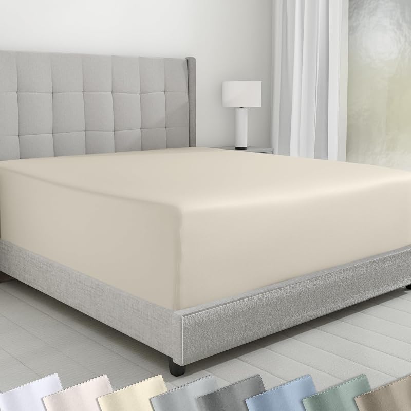 600 Thread Count King Fitted Sheet Deep Pocket, Cream | 100% Cotton Sateen Backed by Good Housekeeping Seal, Soft & Smooth, 16" Deep Pocket, All-Around Elastic, No-Pop Fit, Durable