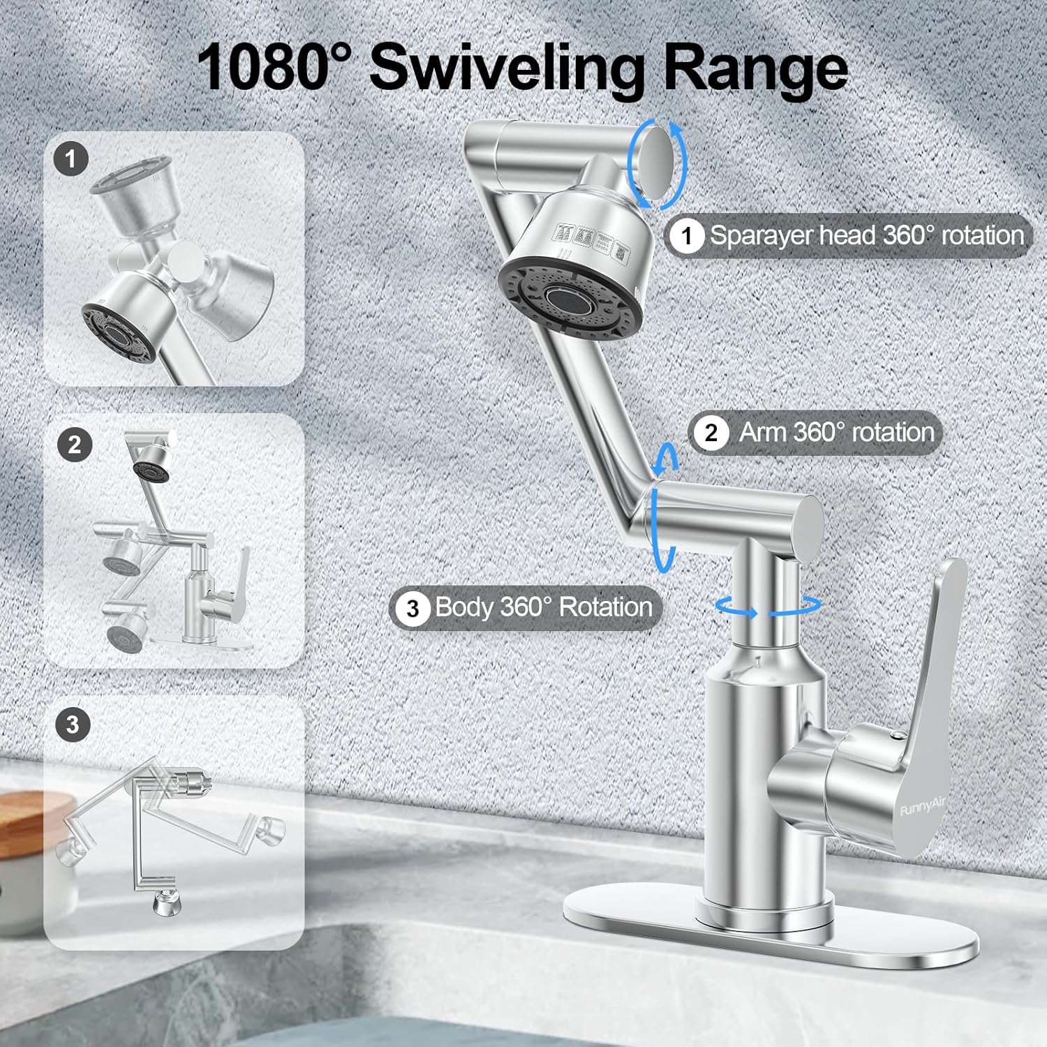 Bathroom Sink Faucet, FunnyAir Stainless Steel 1080° Rotatable Faucet for Sink 1 Hole or 3 Holes, Modern Style Single Handle Bathroom Faucets with Hot and Cold Hoses, Silver