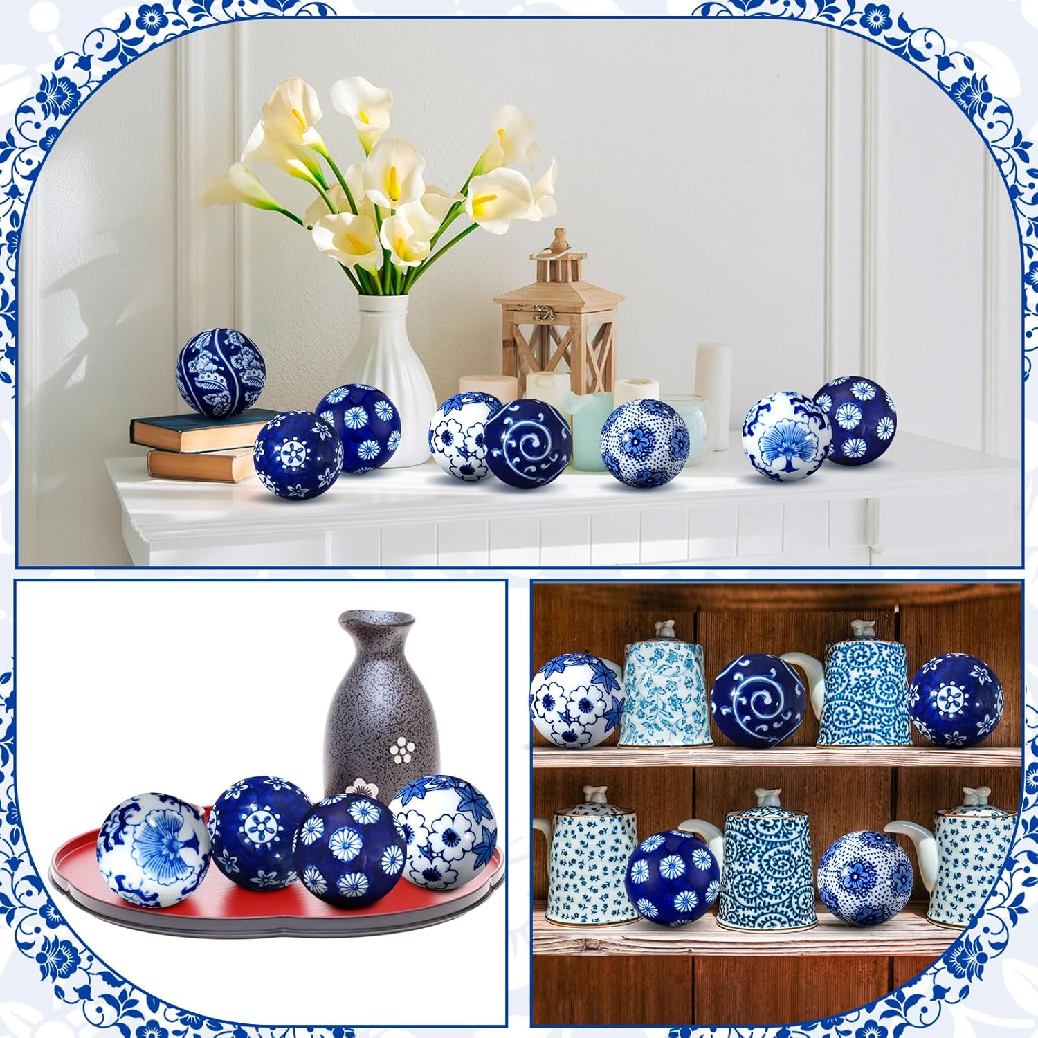 BBTO 8 Pcs Porcelain Decorative Balls for Centerpiece Bowls, Vases,Tables, Blue Traditional with Bohemian Influence, Elegant Home Decor for Living Room Office(Classic)