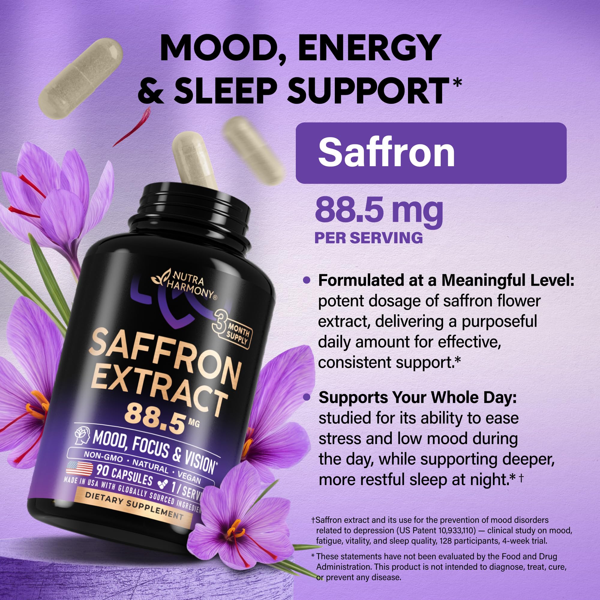 Saffron Supplements - Saffron Extract 88.5mg - Mood & Vision - 90 Capsules — Amazon image 6