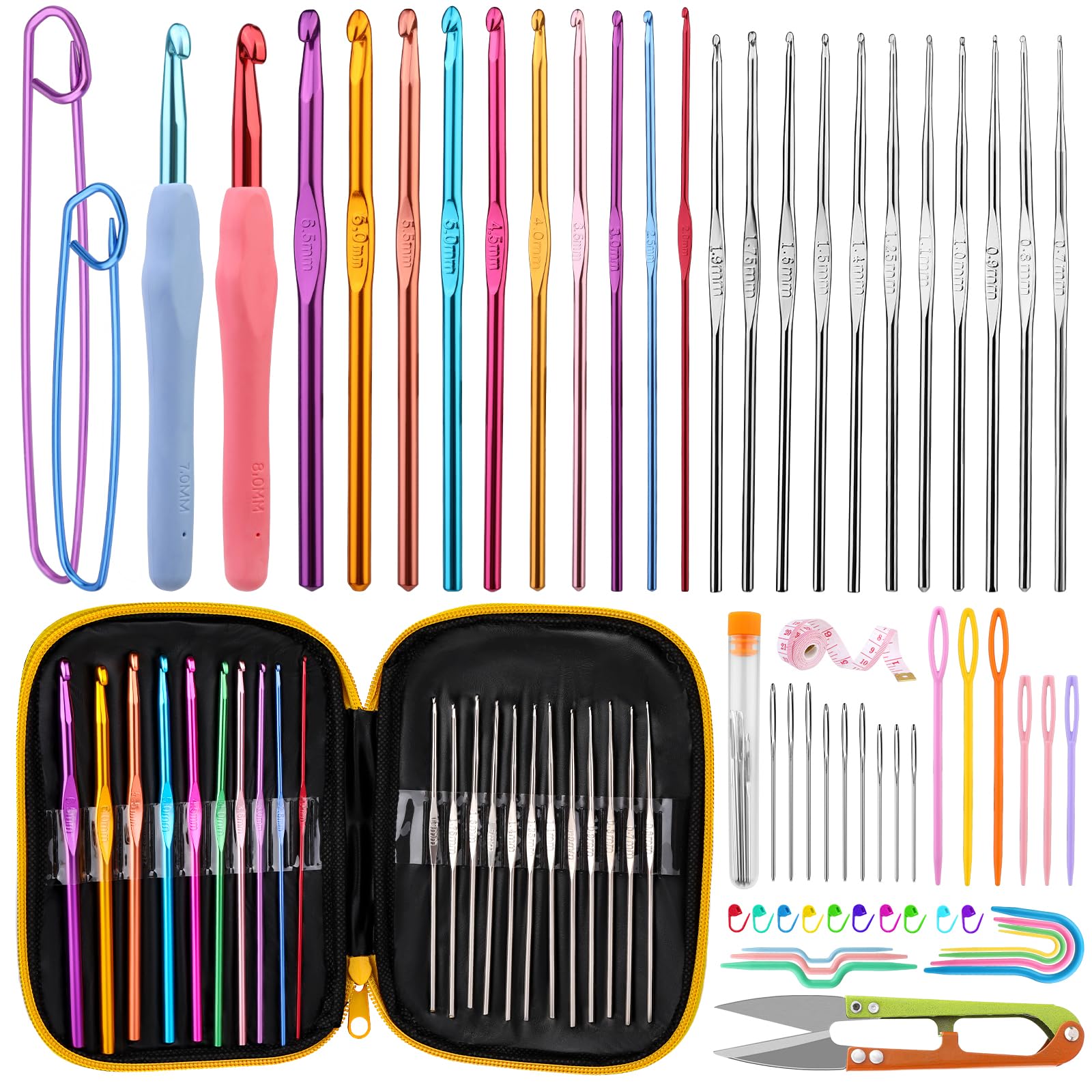 IMZAY 66 Pcs Crochet Needles Set, Crochet Hooks Set with Storage Case, Ergonomic Blunt Needles Stitch Marker DIY Hand Knitting Craft Art Tools for Beginners(Yellow)