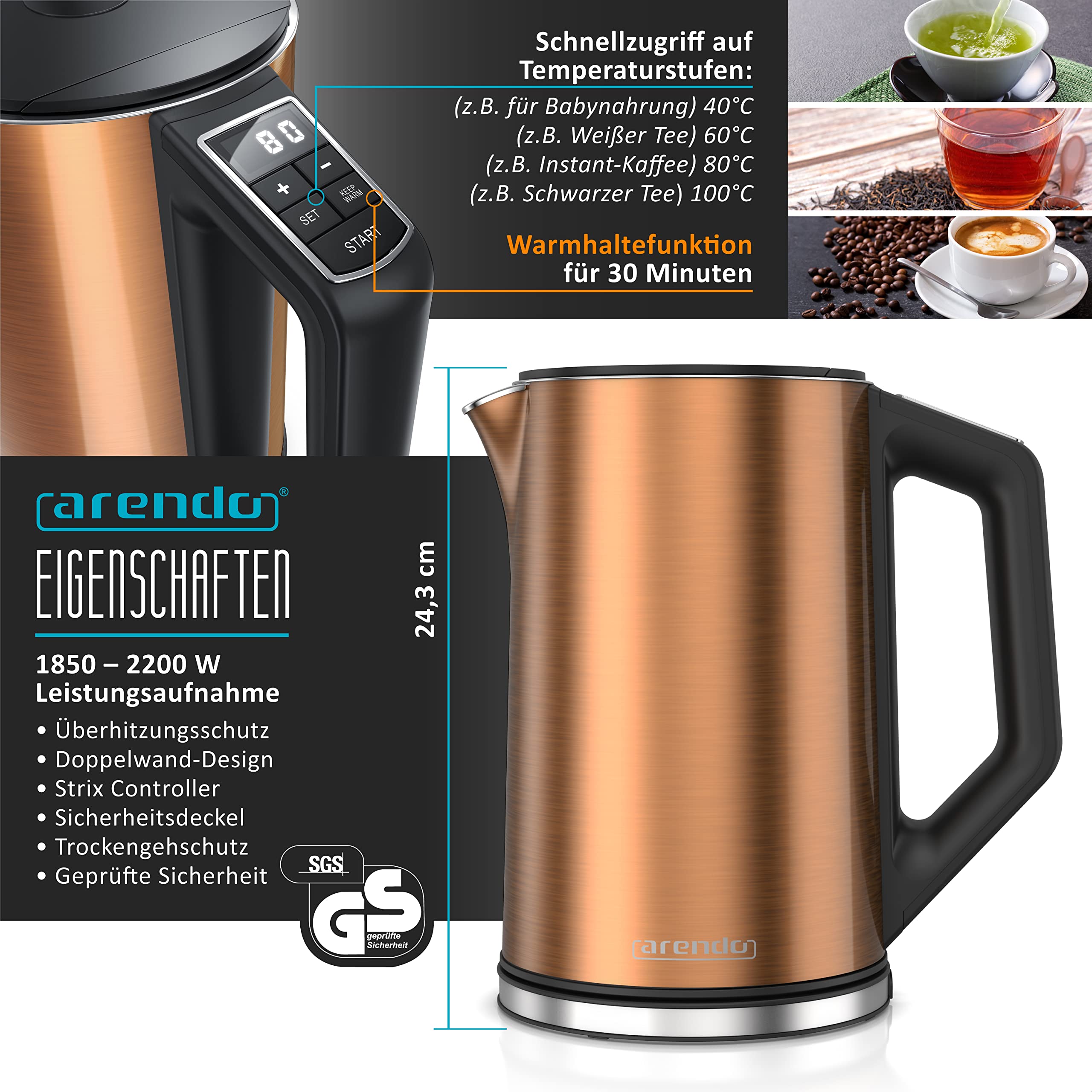 Arendo Wasserkocher Toaster SET Edelstahl Kupfer 1,5L 40-100°C Warmhaltefunktion 4 Scheiben Display 6 Bräunungsgrade