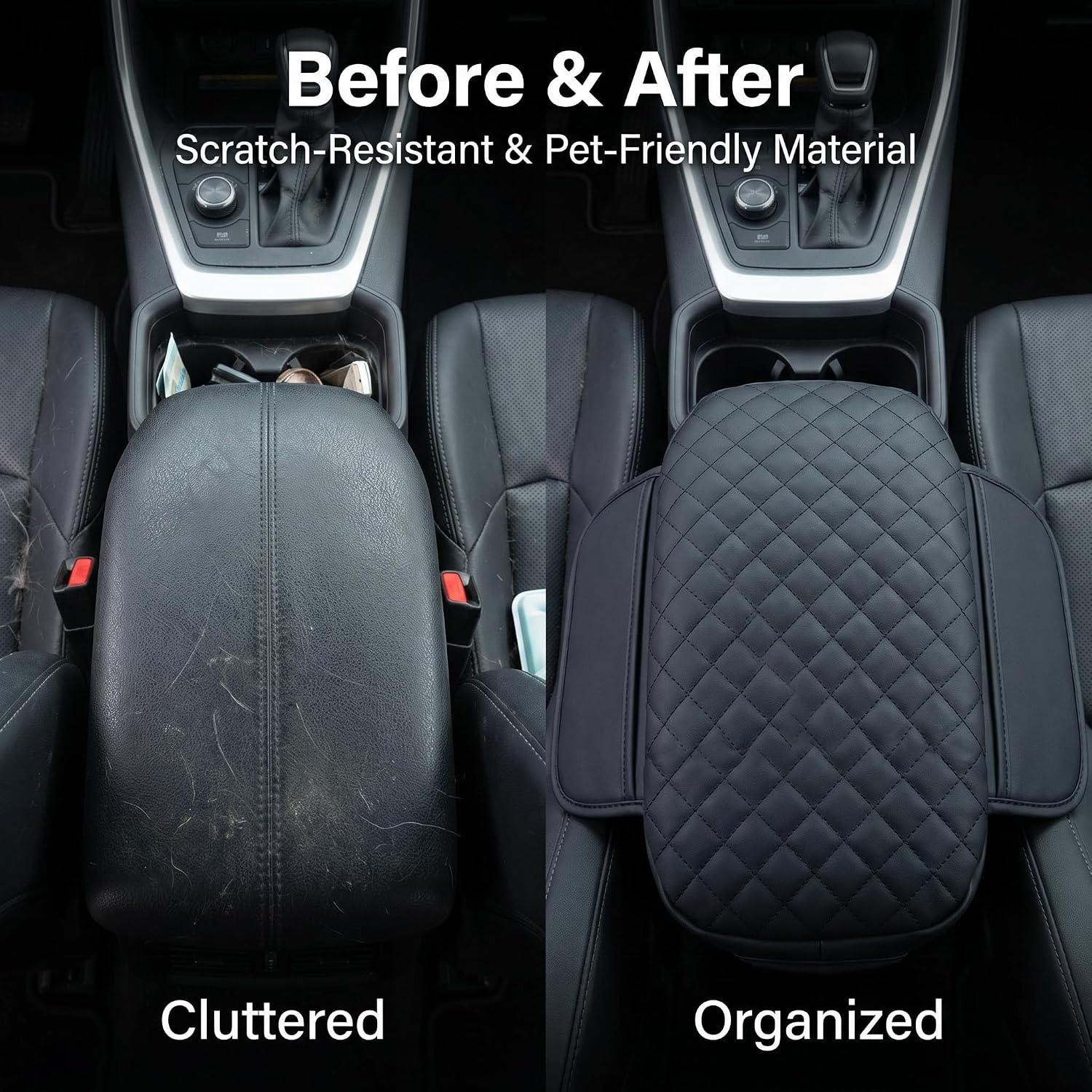 Center Console Cover Compatible with RAV4 2019-2025 Accessories, Leather Armrest Cover with 2 Side Pockets & Thickened Sponge, Waterproof, Anti-Slip, Scratch Car Console Lid Protector, Black
