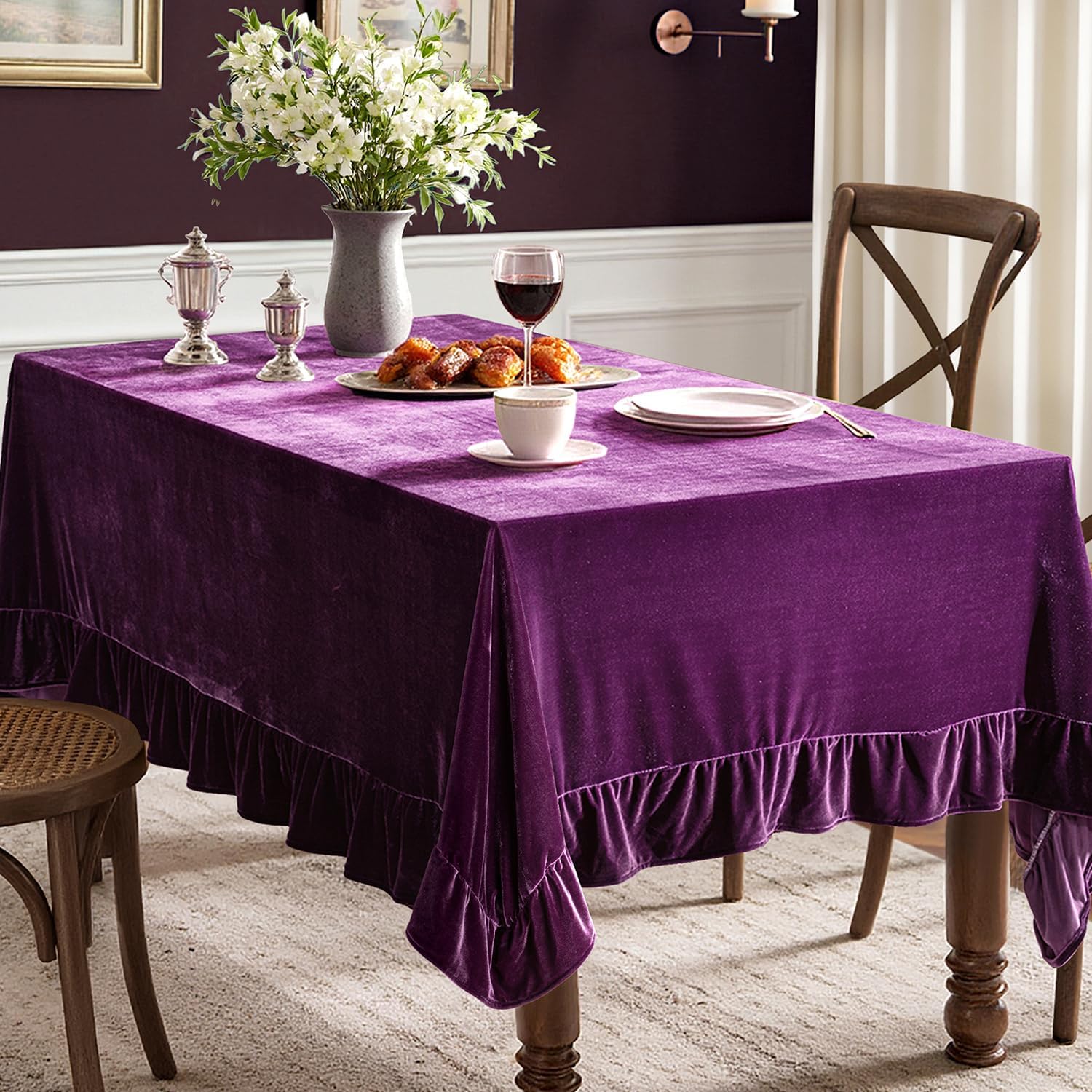 MIULEE Velvet Table Cloth with Decorative Ruffle Edge Luxurious Soft Washable Rectangular Tablecloth Thick Wrinkle-Resistant Oblong Table Cover for Kitchen Dining Party Wedding 60x102 Inch, Purple