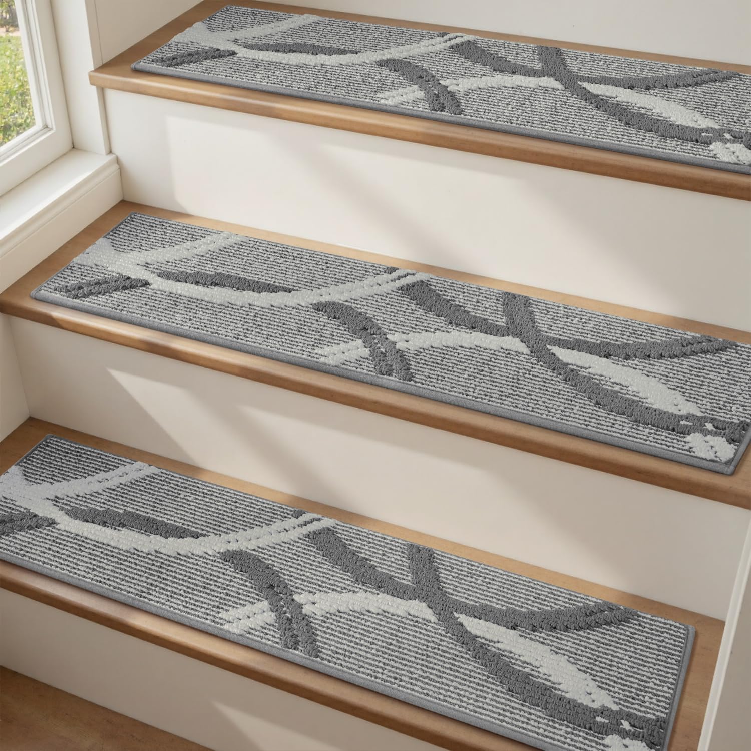 PADOOR Stair Treads for Wooden Steps,15 Pack Peel and Stick Stair Treads Indoor,3D Adhesive Stair Runner for Kids,Elders and Pets, Washable Carpet for Stairs,8"x30",Grey