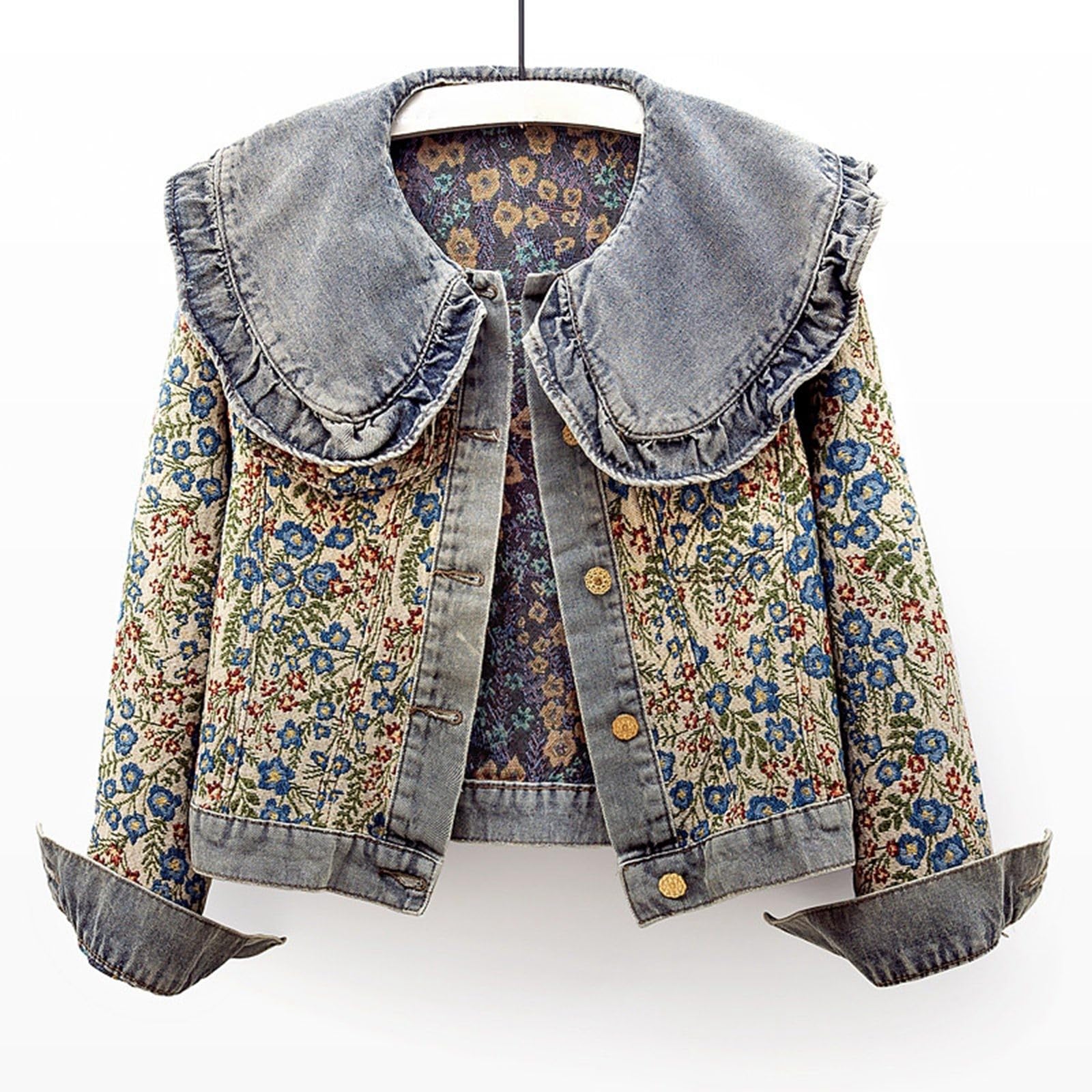 Genérico Cardigan Mujer Fina, Chaqueta De Punto Mujer Invierno, CáRdigan Largo Vaquero Corto con Bordado Floral Y Cuello con Volantes Blusa Informal Rebeca CáRdigan Largo Chaqueta Entretiempo Sweater