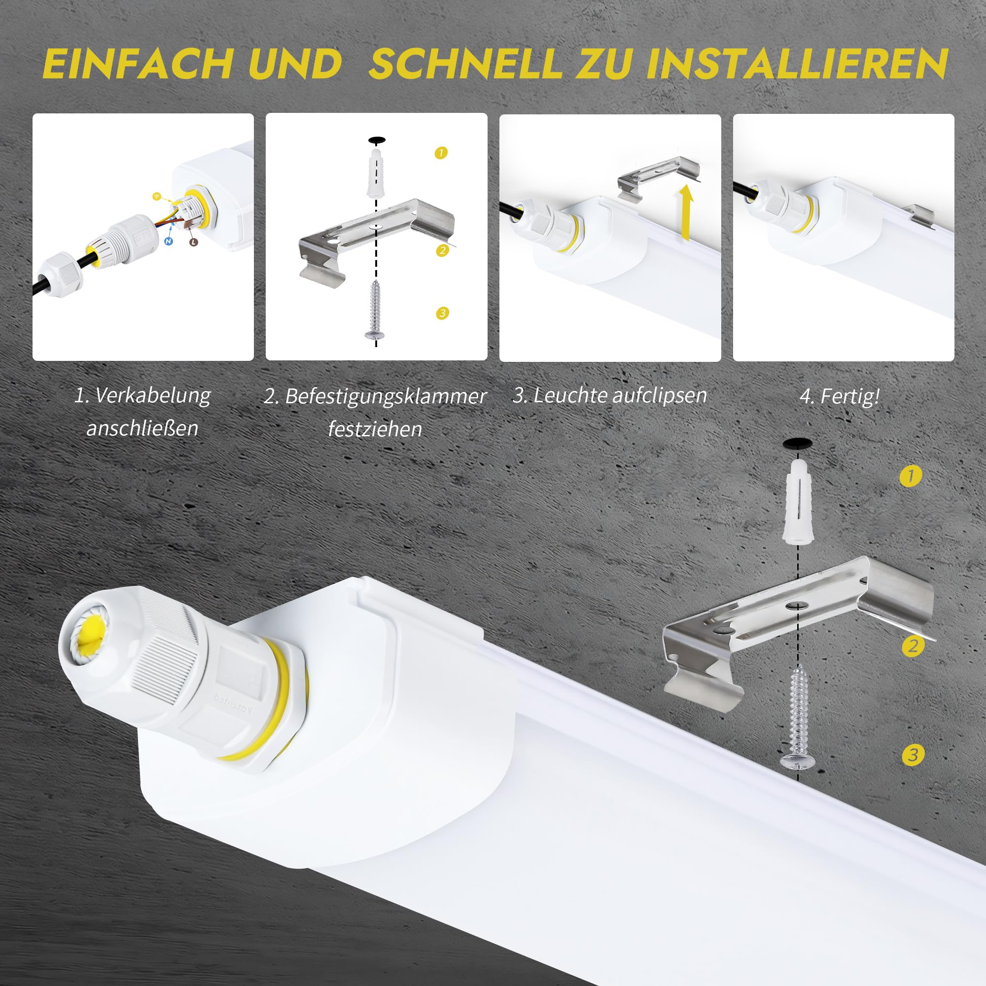 GeyouLux LED Feuchtraumleuchte 120cm, 40W 5040lm 5000k Kaltlweiß IP65 Wannenleuchte, Feuchtraumlampe mit Erdungsdraht, 192 LEDs Flickerfrei LED Röhre Deckenleuchte für Garage Werkstatt,Weiß, 3er