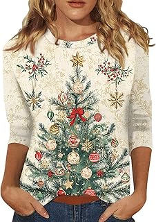 HSUAYEUD Christmas Jumpers for Women 3/4 Sleeve Top UK Snowflake Print Womens T-Shirts Casual Tunic Top
