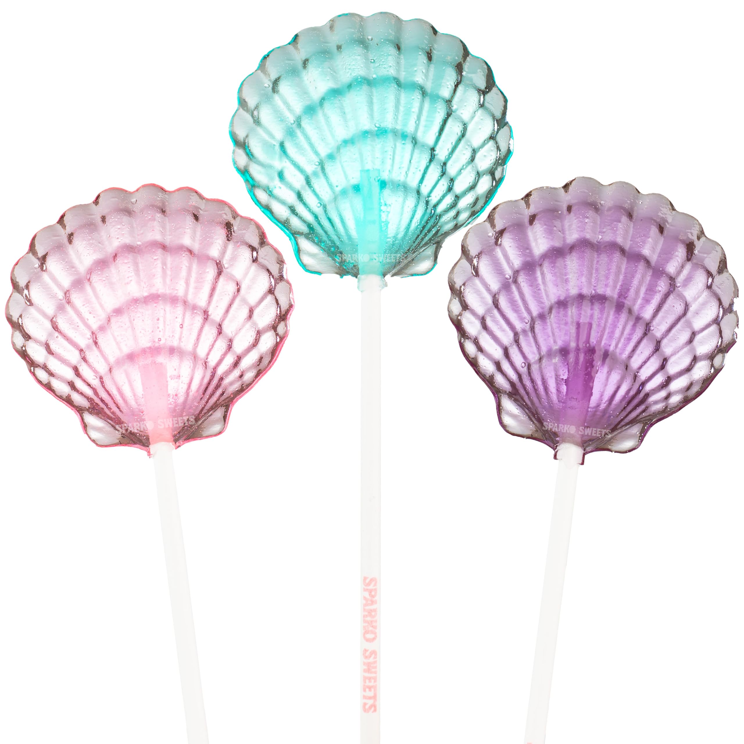 Sparko Sweets Clam Shell Lollipops, 12 Pieces, Blue (Blue Raspberry), Pink (Watermelon), Purple (Grape) - Mermaid Party, Ariel Party, & Beach Party Favors