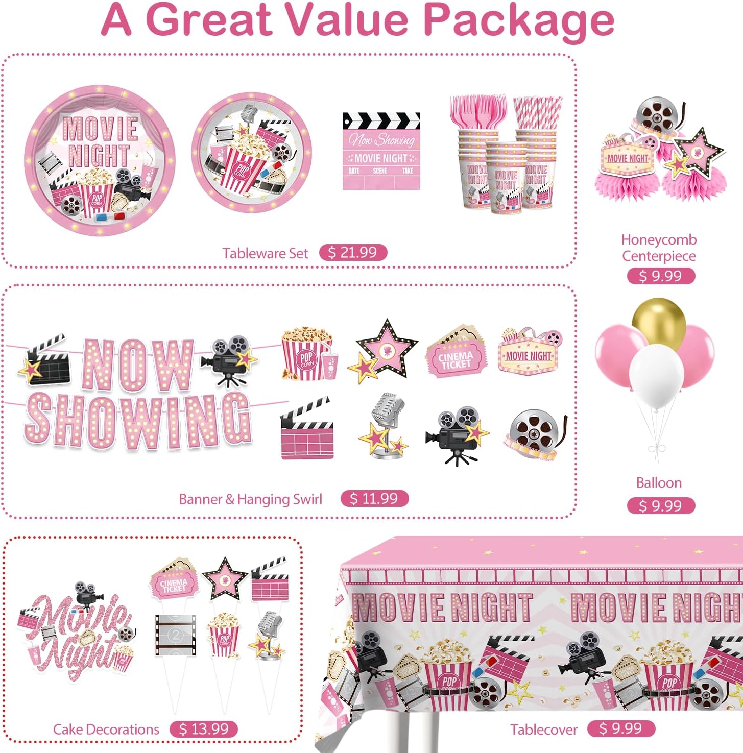213 PCS Pink Movie Night Decorations, Movie Theme Party Supplies Service 25, with Now Showing Banner, Cake Topper, Balloons, Plates and Napkins for Movie Night Party