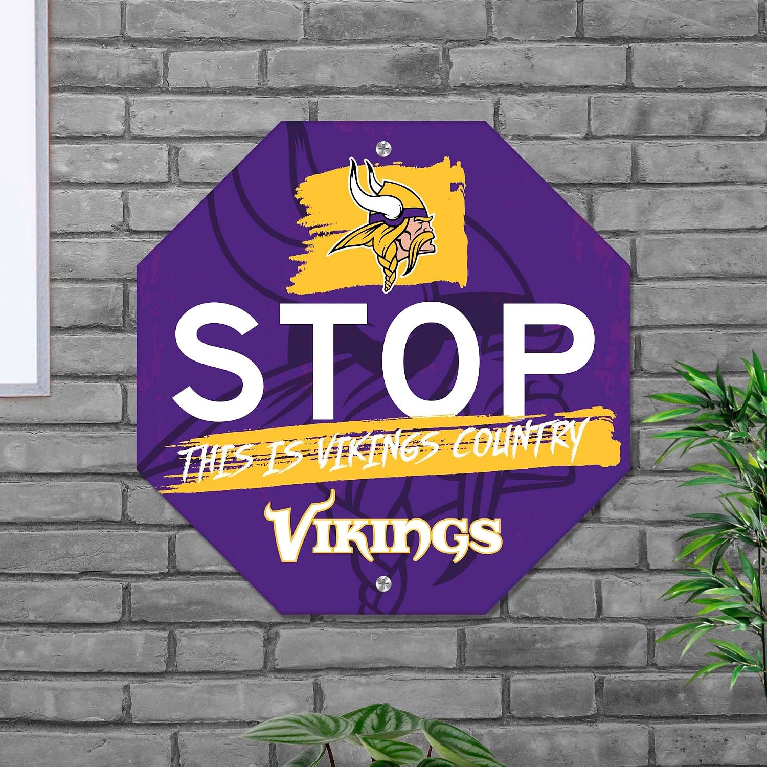 FANMATS 48304 NFL - Minnesota Vikings Metal Stop Sign | Purple | 18"x18" | Viking Head Primary Logo with "This is Vikings Country Wordmark"