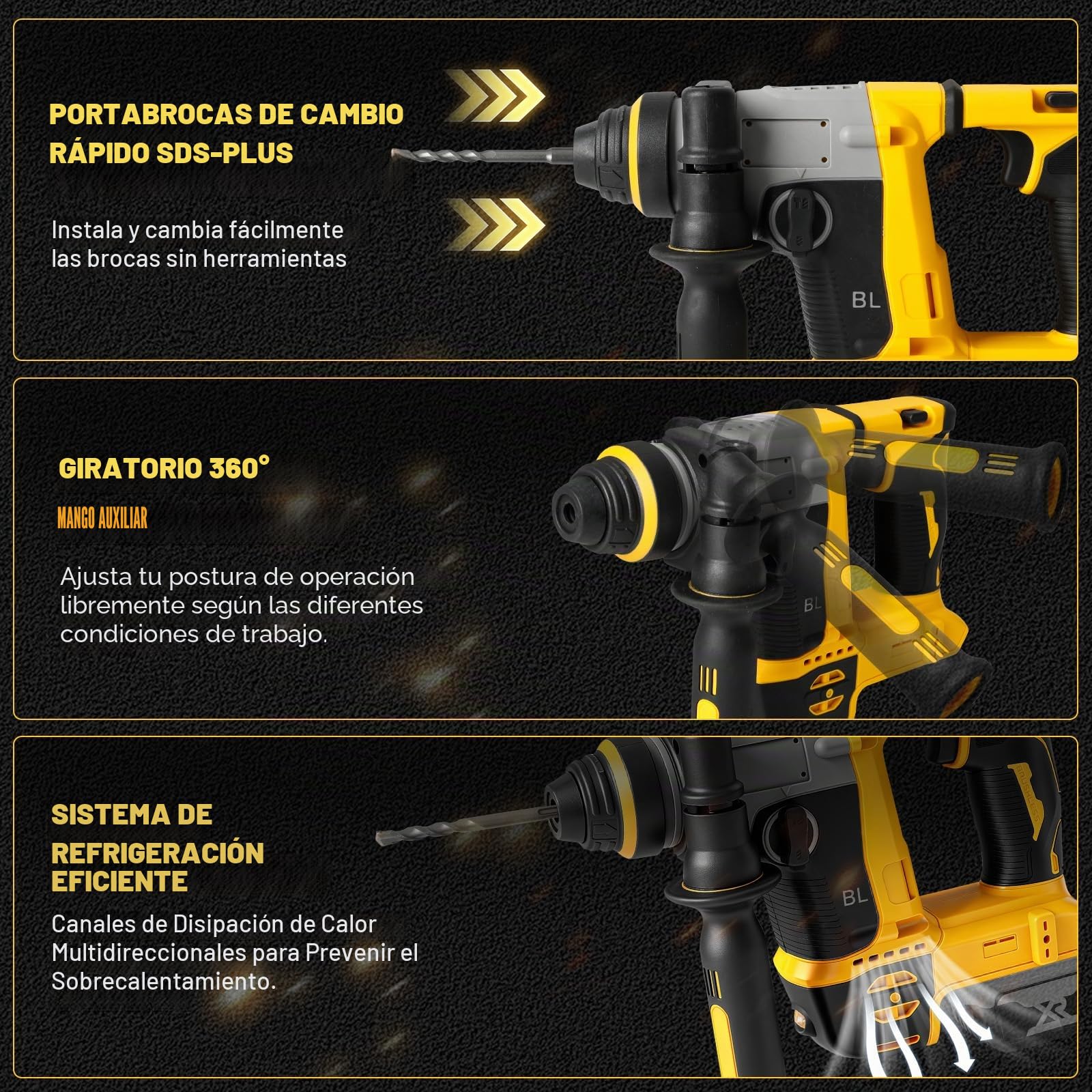 Roadtime 2 en 1 Martillo combinado y taladros para DeWalt 20V(sin batería) | 1250W Velocidad del Hammer de corte 3500 rpm,Hammer combinado con 3x broca SDS PLUS,Energía de golpe 3 J,con 4 funciones