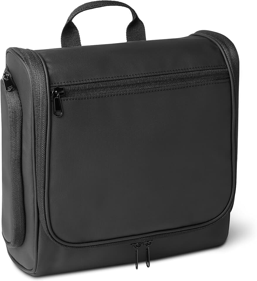 Waterproof Travel Toiletry Bag for Men and Women, Hanging Dopp Kit with Multiple Interior Pockets, 2 Side Pockets, Black, 10" x 4"