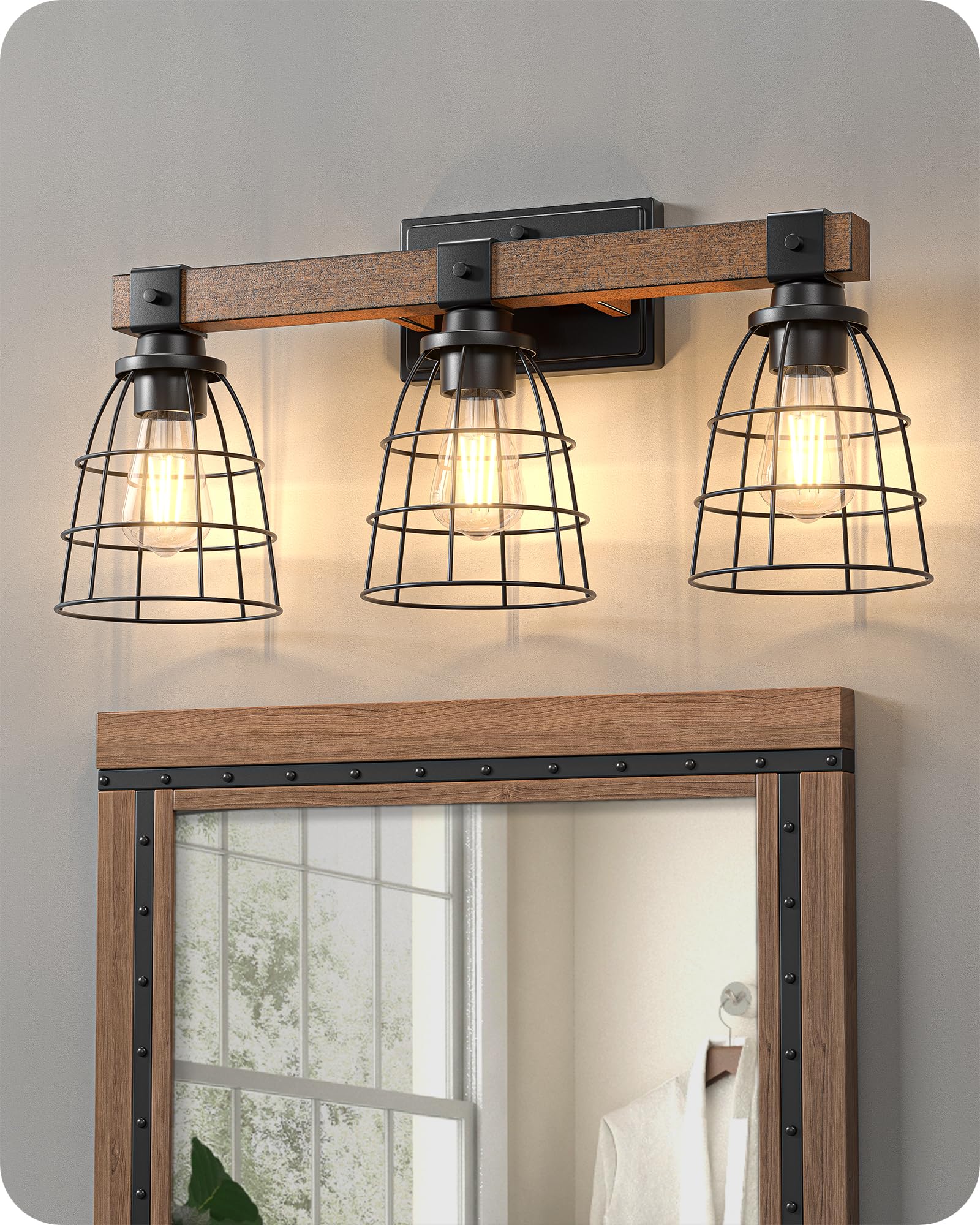 EDISHINE Farmhouse Vanity Lights for Bathroom, 3-Light Bathroom Vanity Light Fixtures Over Mirror, 24'' Industrial Painted Wood Bath Wall Sconces with Metal Cage Lampshade for Bathroom Powder Room