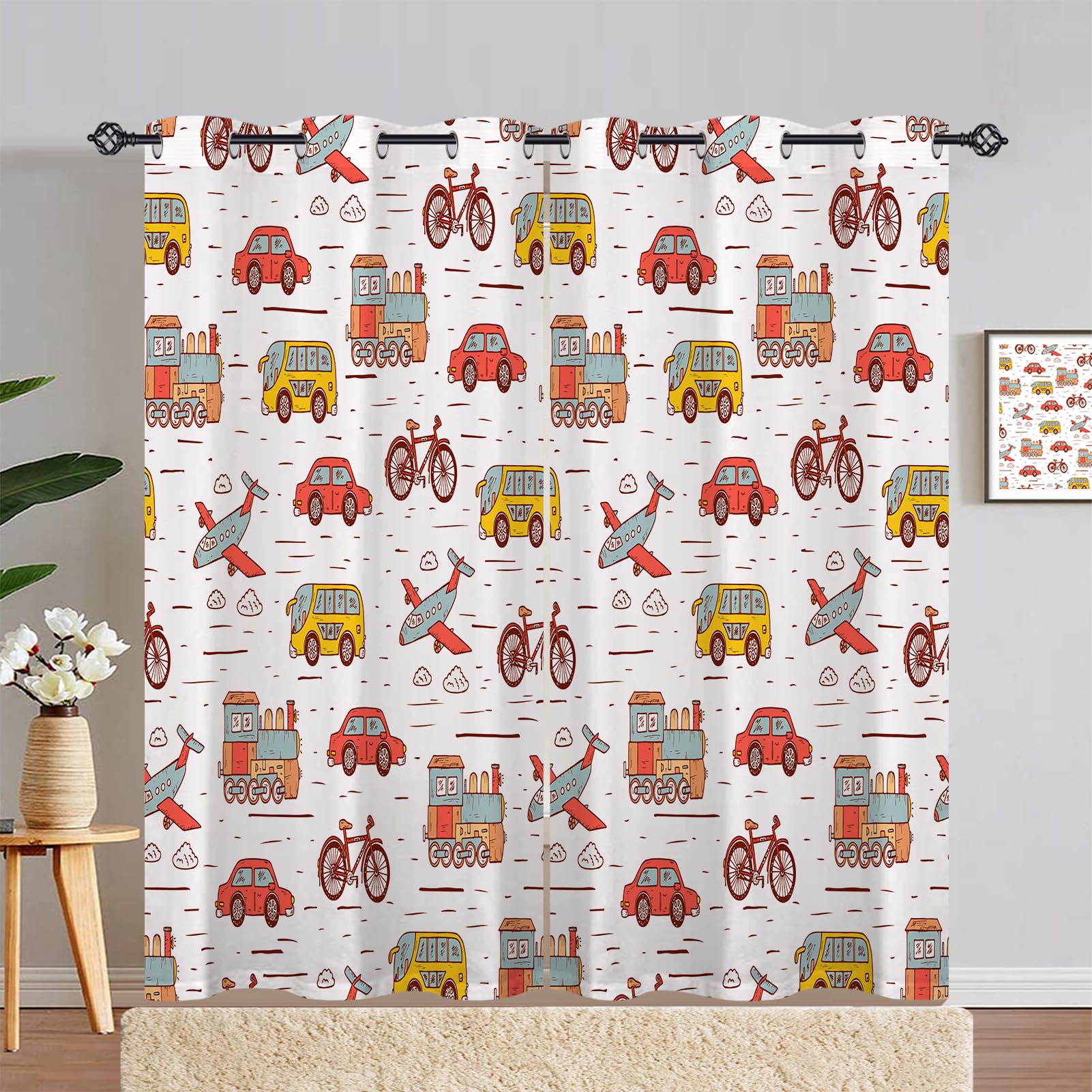 ANHOPE Transport Curtains Eyelet 80% Blackout Room Darkening Curtains Car Airplane Bicycle Print Pattern Thermal Light Blocking Window Drapes for Kids Bedroom Living Room 55 x 84 Inch Drop 2 Panels