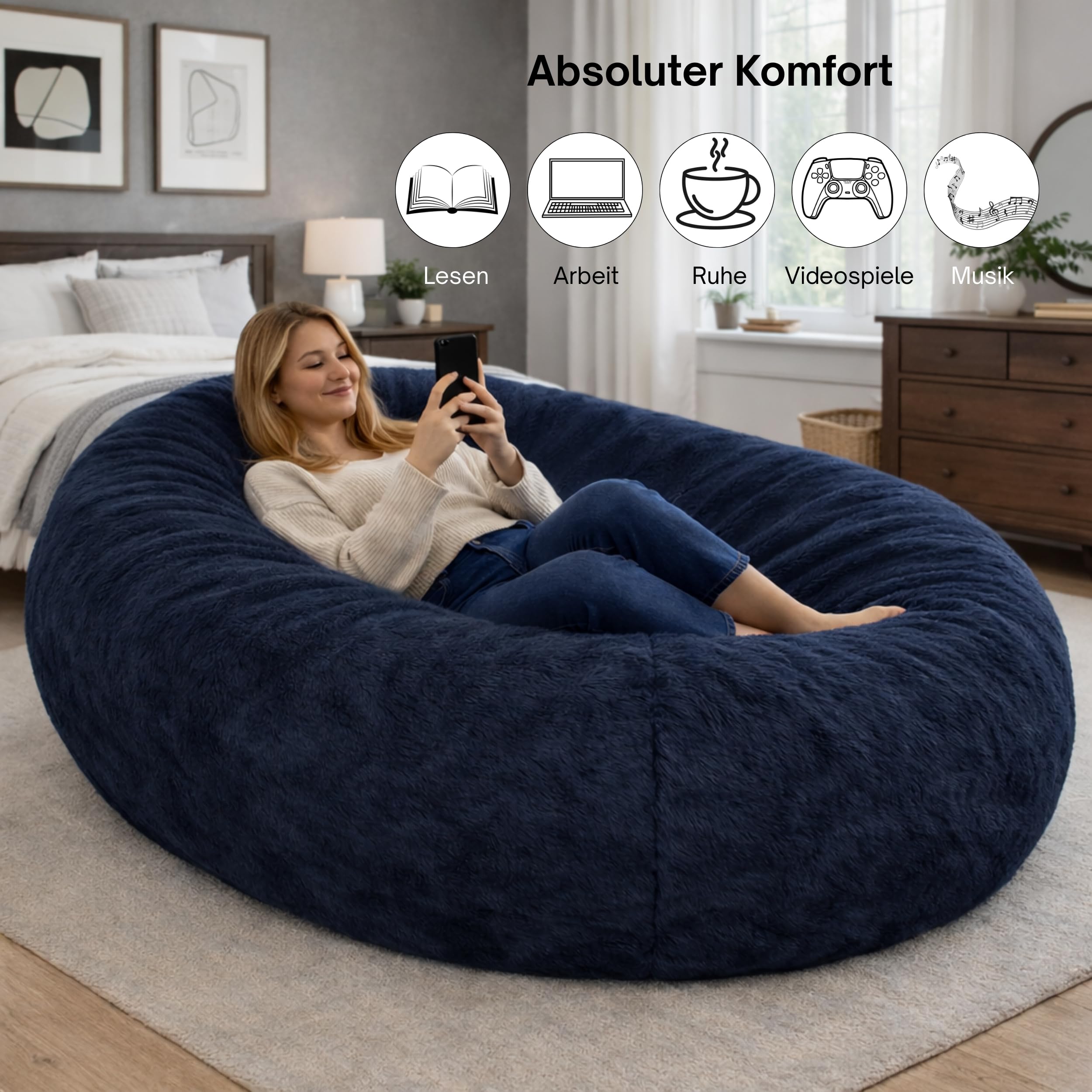 bananair Sitzsack XXL mit Füllung für Kinder und Erwachsene, 160 x 90 x 60 cm - Weich und Bequem - Maschinenwaschbarer Bezug - Sitzsack Sofa (Blau)