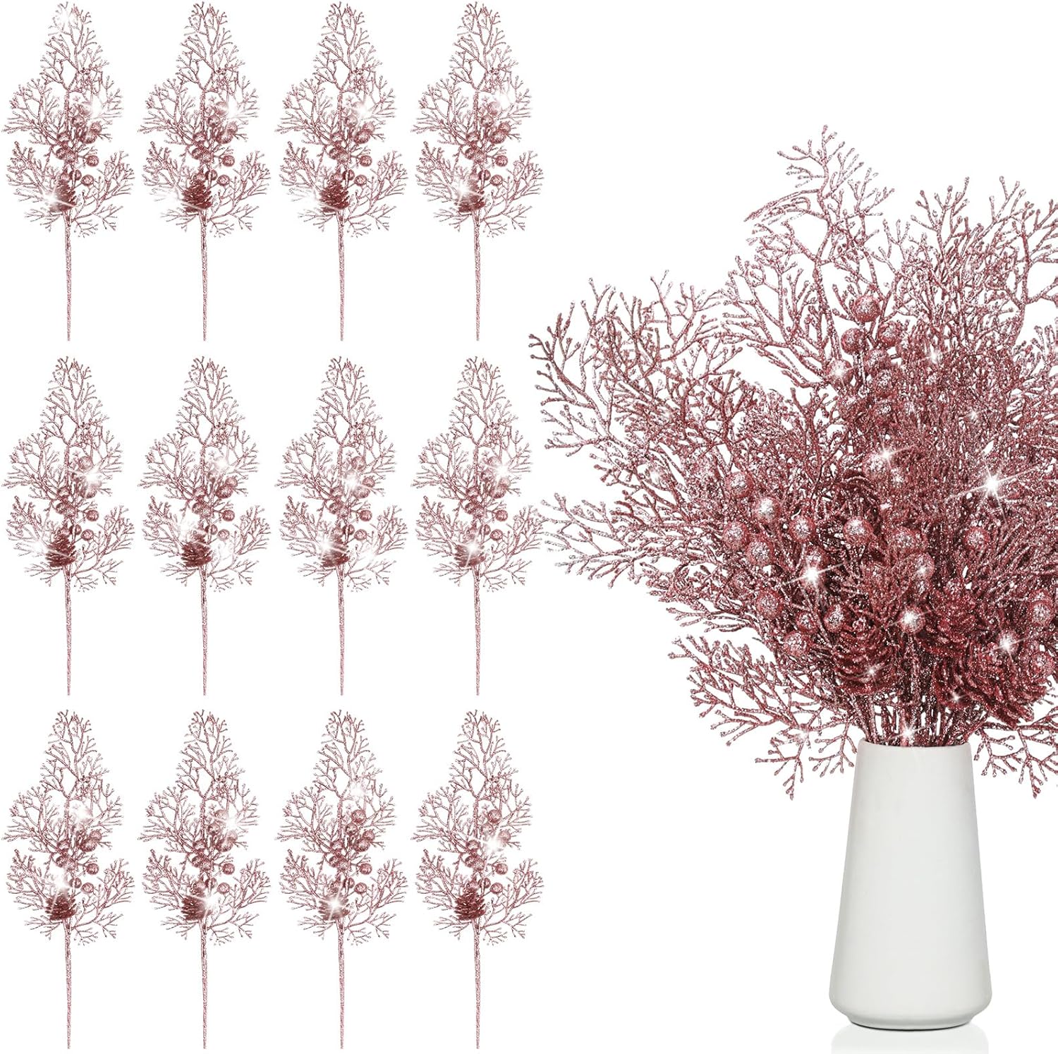 Tigeen 12 Pcs Christmas Tree Picks Bulk Artificial Christmas Tree Filler Glitter Berries Stems Branches Floral Decorations 15.75'' Xmas Sprays Twigs Berry Picks for Vase (Silver)